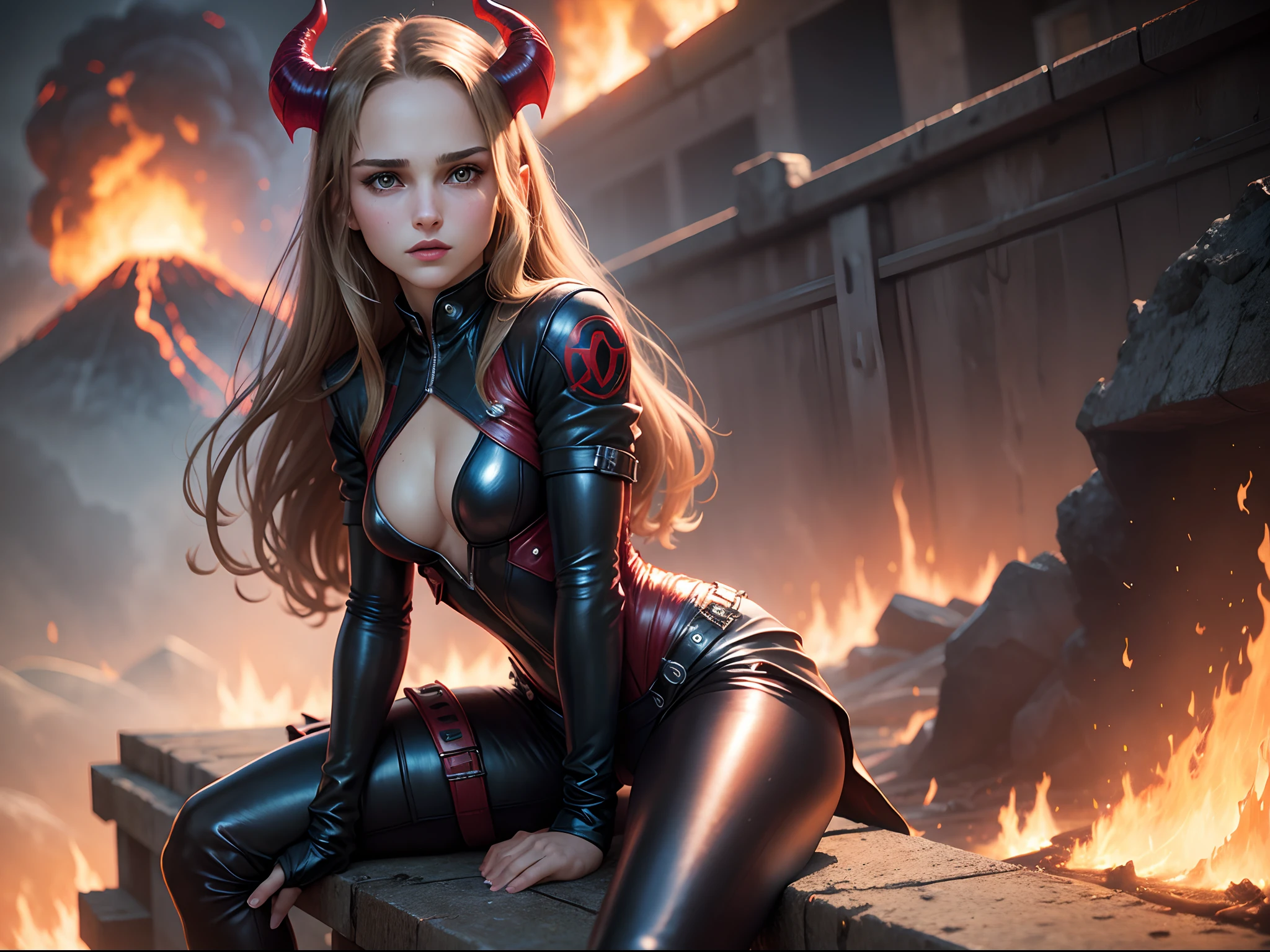 Teen Natalie Portman as a demoness girl sitting on a fence, wearing leather suit. background fire volcano. --s 1000
