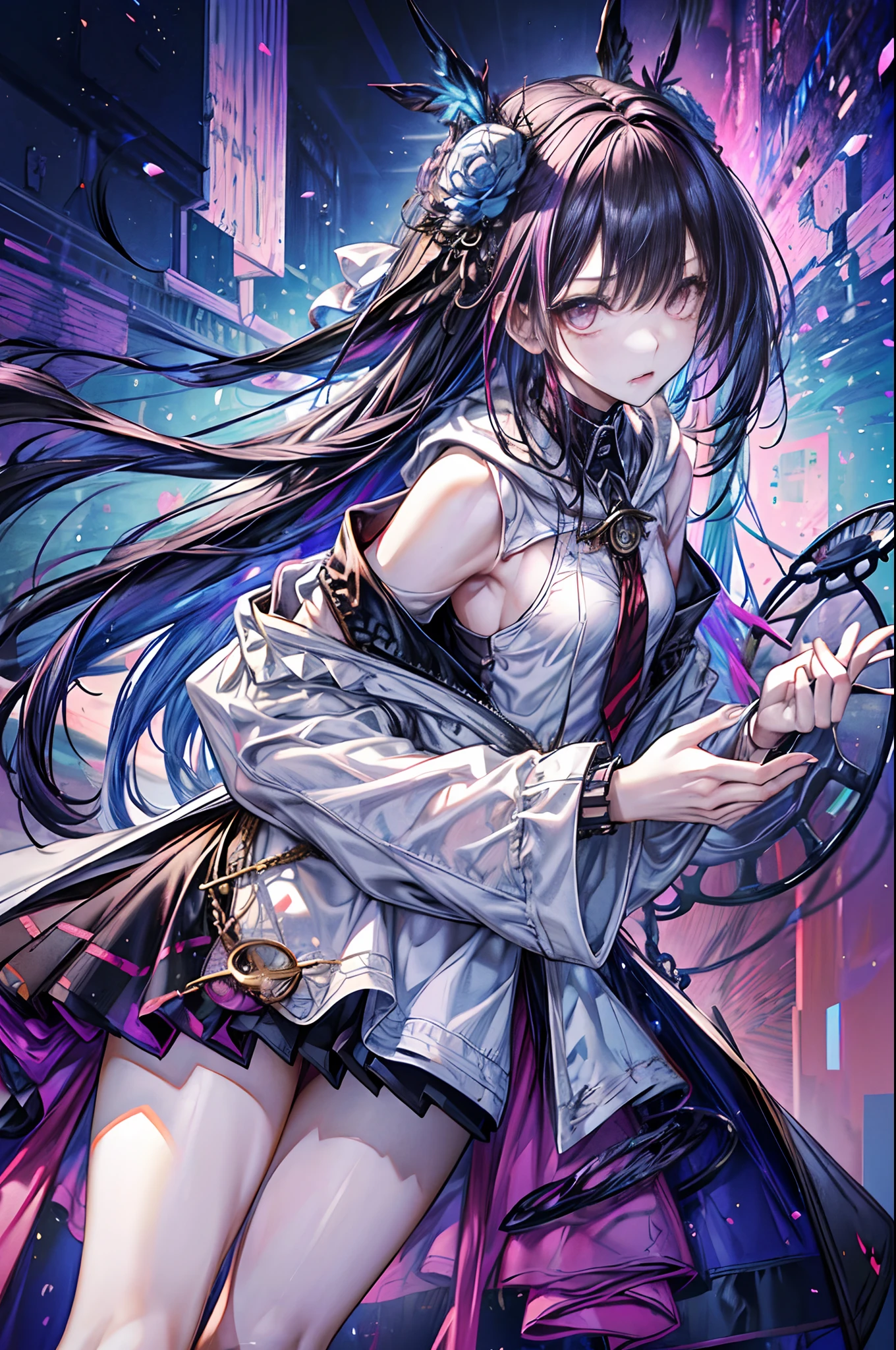 (masutepiece), (Best Quality:1.1), (Ultra-detailed:1.1), (extremely delicate and beautiful), (Maximum irritability:1.2)、(rage:1.0)、1 girls、A dark-haired、(TATOO on the chest)、Longhaire、Heavy bangs、Rainbow Inner Hair Color、flat breast、Hoodie、Glitter、(Florium)、Lifelike face、real looking skin、high-level image quality、hour glass, Abstract world, (pocket watch), gear, Twisting and distortion of space, (intricate-detail), Where time rules