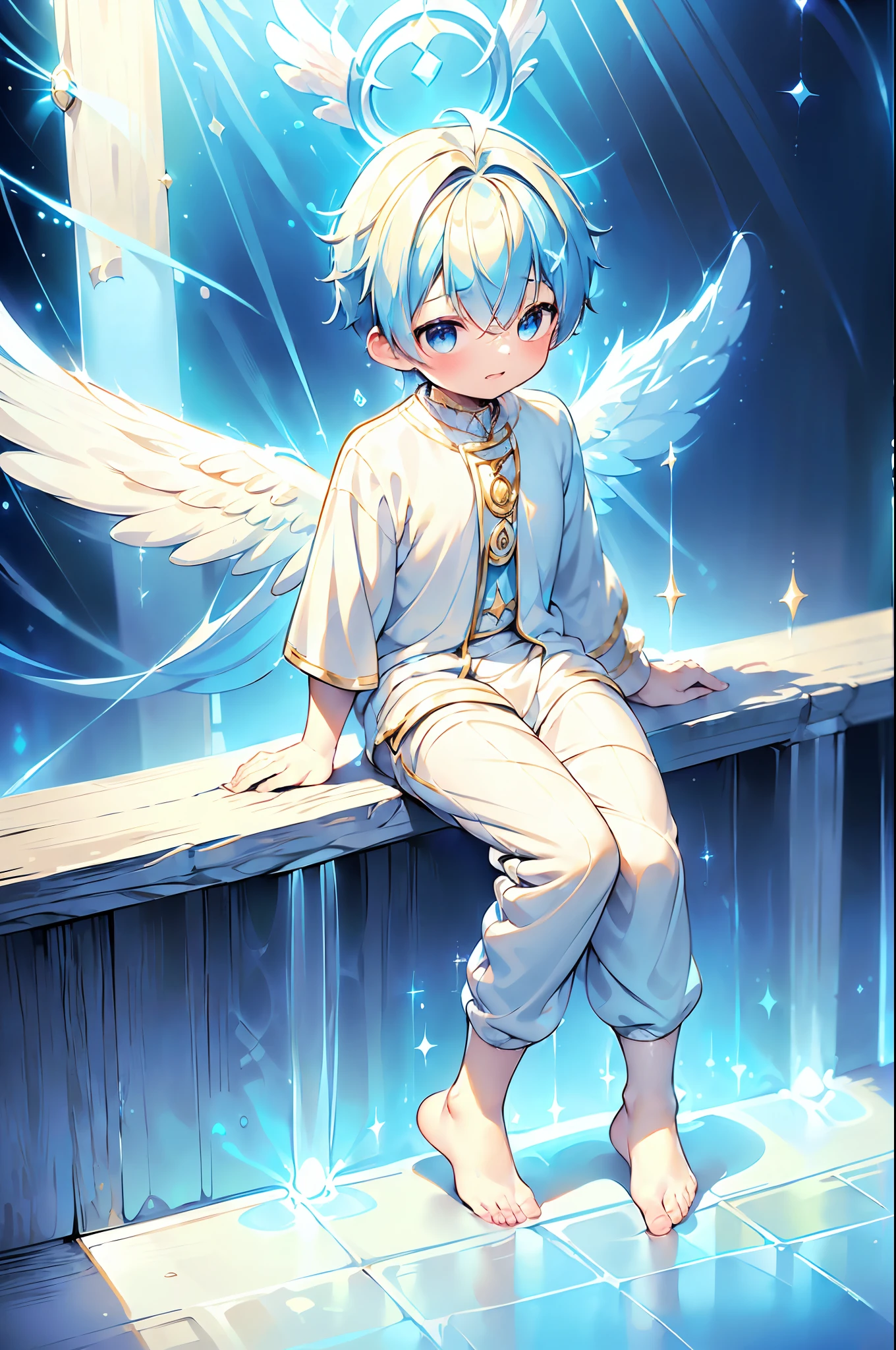 4k, (Masterpiece:1),  boy with blue colored hair and shiny, glowing cyan eyes and barefoot and angel wings on his back, wearing divine clothes, sitting on a sidewalk, young, boy, child,l, toddtiny fe, focus on feet, sexy feet, blushing, (Young:1.4), (Child:1.4), (Shota:1.4), (male:1.4), (boy:1.4), (divine:1.4), (divine clothes:1.4)