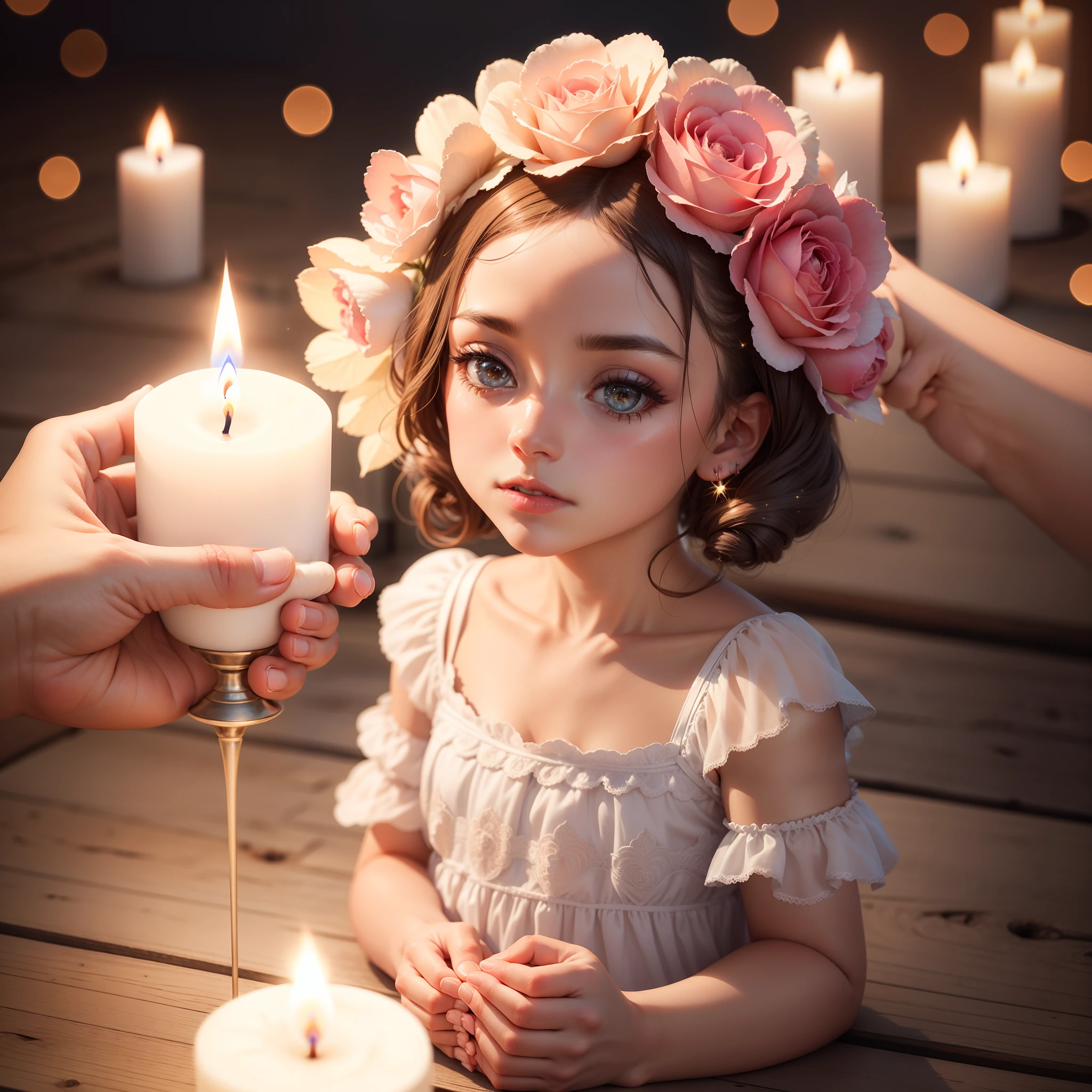 Photo of realistic hand holding flower candle, Vela rosa, vela com glitter, vela com chama iluminada, super realista, Hiper realista, 8k.