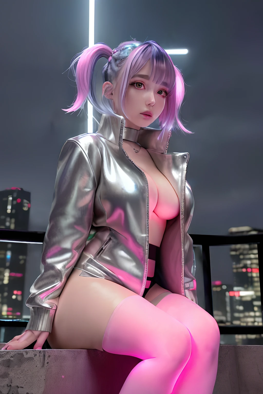 lucy \(cyberpunk\), 1girl,  hair scrunchie, hime cut, silver hair, colored tips, full moon, grey eyes, jacket, long sleeves, (looking at viewer), medium hair, multicolored hair, parted bangs, parted lips, pink hair, red eyeliner, red lips, solo, white jacket, cyberpunk \(series\), rainy night in a cyberpunk city with glowing neon lights,from below, (sitting with knees up pose:1.3),(thicc:1.2), perfect body