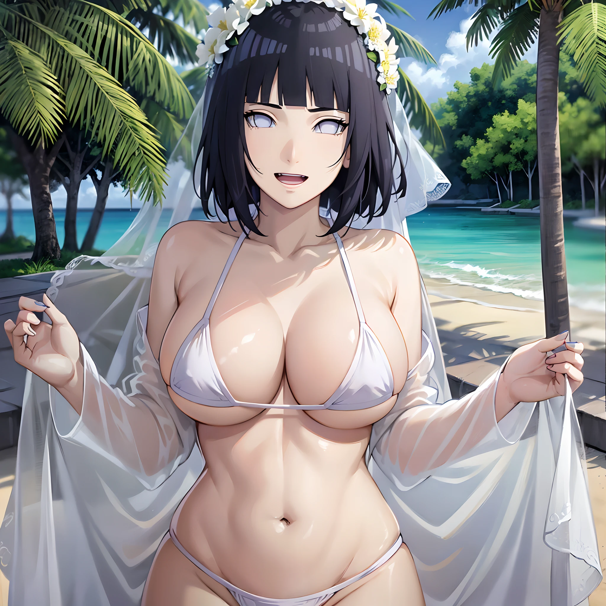 (WALLPAPER, masterpiece, 1k, anime style:1.9, ( detailed beach background, cowboy shot, looking at viewer, big breasts, big boobs, open mouth, high color saturation, bold lines, bold drawing lines, (strong arms, flat belly, groin), detailed bold arm lines), (strong arms, thick arms), strong light on body, plain, bare body, (large breasts, perky boobs), minimum clothing, taking off shirt, bare shoulders, off-shoulders, bare chest, polished nails, seductive, (very tight plain white micro bikini, wedding veil, white flower wedding crown), no shirt, showing off), hinata\(boruto\), mature female, sunbathing, milf, (curvy:0.8), solo, (short hair, hime cut), (dark blue hair color:1.1), white, flat belly, perfect eyes, white sciera, white eyes, anime eyes, smoky eyeliner, eyeshadow, perfect face, shy, sharp focus, professional artwork, intricate details, colorful, vibrant colors, vivid colors, digital blending, ultra detailed body, ultra detail hair, ultra detail face, trending on pixiv, smile, happy, very hot colors, sunny day, outdoor,