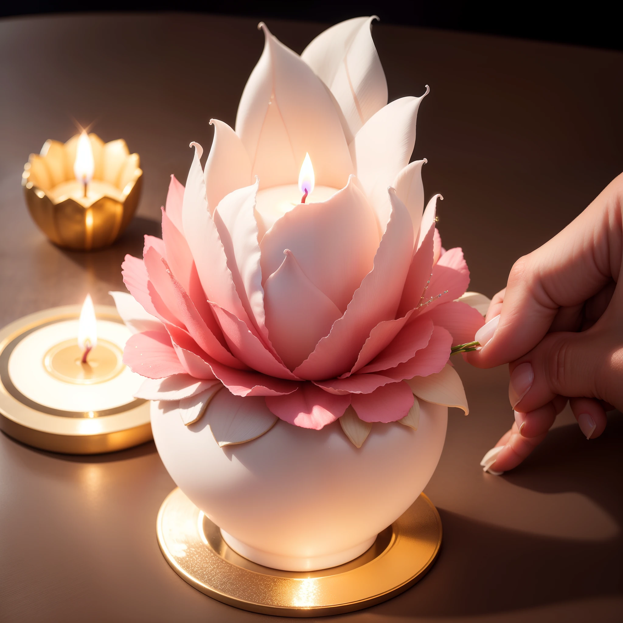 Photo of realistic hand holding flower candle, Vela rosa, vela com glitter, vela com chama iluminada, super realista, Hiper realista, 8k.