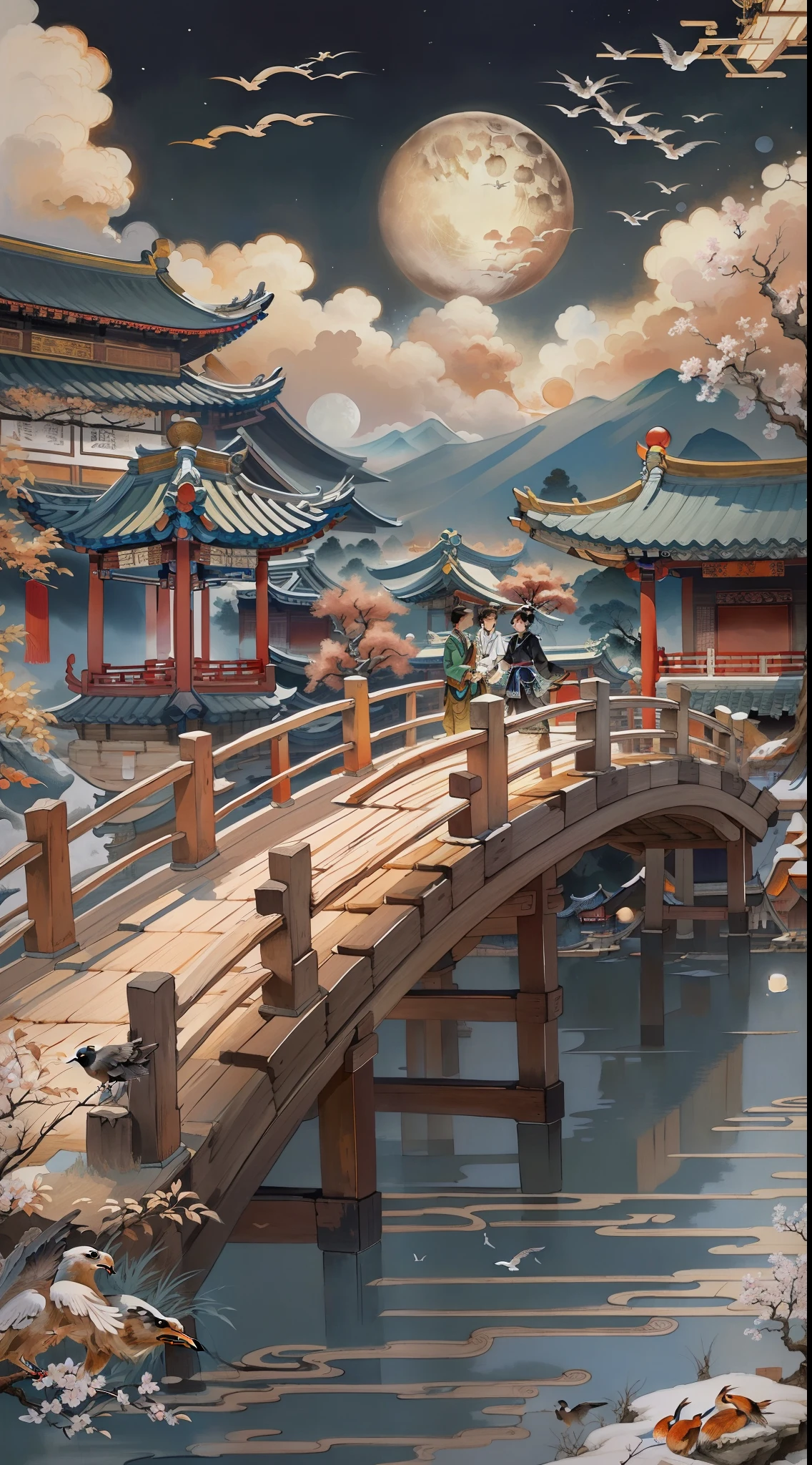 Ancient Chinese landscapes，the night，Ancient buildings，Pavilions，Carved beams and paintings，A wooden bridge hangs high in the air，A couple on the bridge holding hands，There is a huge full moon in the background，There are birds in the air，Inspired by Jin Yong martial arts，Ink painting style，clean color，Decisive cut，Leave white space，impressionistic，tmasterpiece，ultra-detailliert，Epic composition, high qulity, HighestQuali，pixar-style，Supersaturation，hyper realisitc，Art germ --v 6