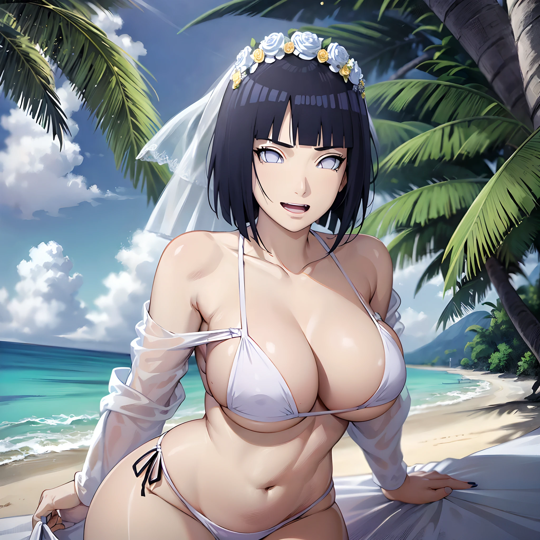 (WALLPAPER, masterpiece, 1k, anime style:1.9, ( detailed beach background, cowboy shot, looking at viewer, big breasts, big boobs, open mouth, high color saturation, bold lines, bold drawing lines, (strong arms, flat belly, groin), detailed bold arm lines), (strong arms, thick arms), strong light on body, plain, bare body, (large breasts, perky boobs), minimum clothing, taking off shirt, bare shoulders, off-shoulders, bare chest, polished nails, seductive, (very tight plain white micro bikini, wedding veil, white flower wedding crown), no shirt, showing off), hinata\(boruto\), mature female, sunbathing, milf, (curvy:0.8), solo, (short hair, hime cut), (dark blue hair color:1.1), white, flat belly, perfect eyes, white sciera, white eyes, anime eyes, smoky eyeliner, eyeshadow, perfect face, shy, sharp focus, professional artwork, intricate details, colorful, vibrant colors, vivid colors, digital blending, ultra detailed body, ultra detail hair, ultra detail face, trending on pixiv, smile, happy, very hot colors, sunny day, outdoor,