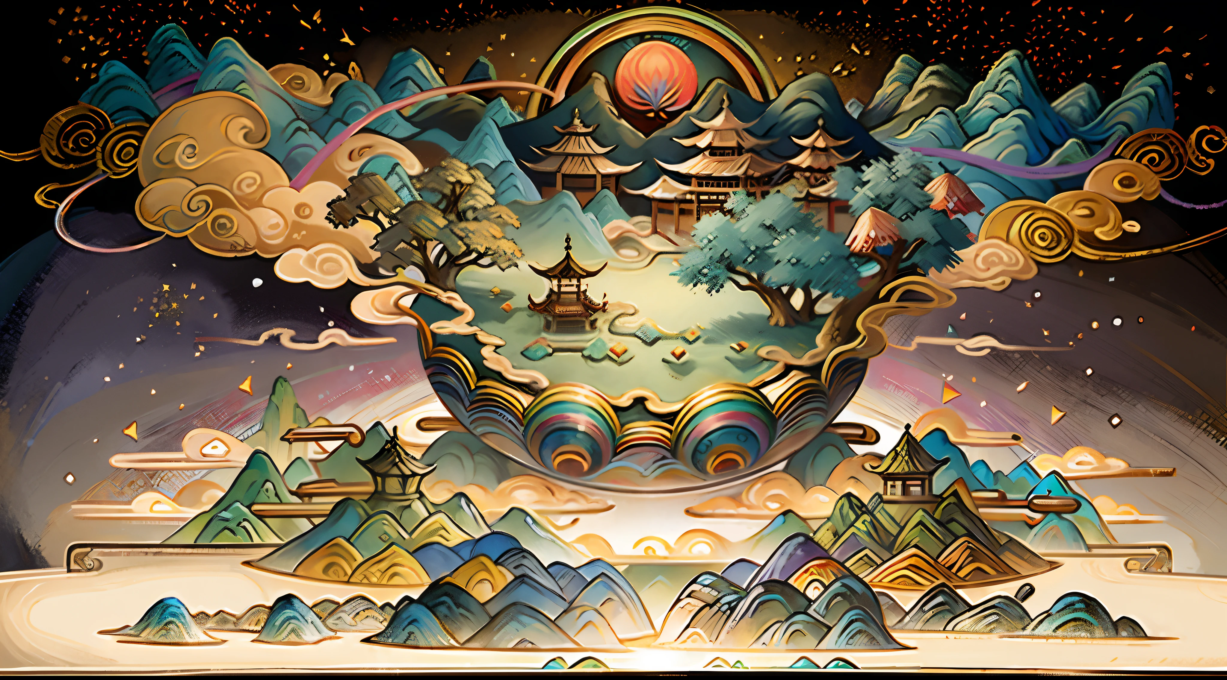 An ancient Chinese painting, ancient Chinese background, mountains, rivers, auspicious clouds, pavilions, sunshine,(psychedelic details),(mushrooms),(rainbow),(trippy),(DMT),(Buddha),intricate details, more details, high details,masterpieces, super detail, epic composition, ultra HD, high quality, extremely detailed, official art, unified 8k wallpaper, Super detail, 32k -- v 6