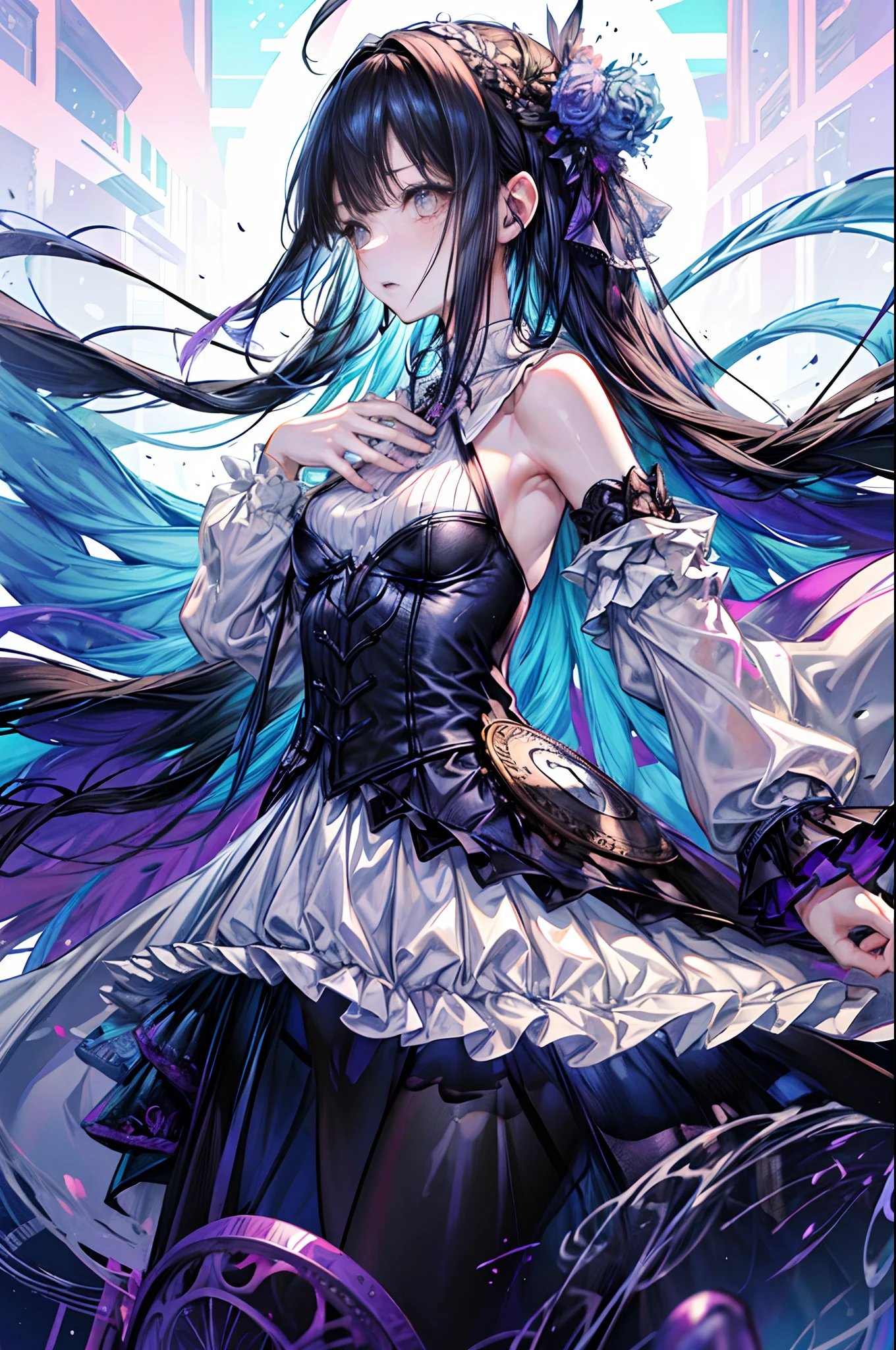 (masutepiece), (Best Quality:1.1), (Ultra-detailed:1.1), (extremely delicate and beautiful), (Maximum irritability:1.2)、(rage:1.0)、1 little girls、A dark-haired、(TATOO on the chest)、Longhaire、Heavy bangs、Rainbow Inner Hair Color、flat breast、Hoodie、Glitter、(Florium)、Lifelike face、real looking skin、high-level image quality、hour glass, Abstract world, (pocket watch), gear, Twisting and distortion of space, (intricate-detail), Where time rules