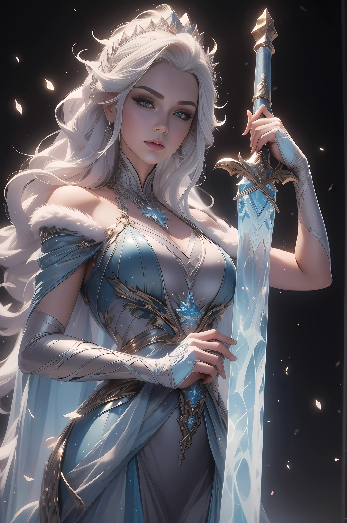 Queen Elsa wrapped in a luxurious fur robe, sosteniendo una espada magica de hielo. Disney congelado, maximalista, ..3d, Motor Unreal 5, vividly detailed, por "Anna Dittman", "Josephine Muro", "Michael Page", "russ Mills", "Jonah De ro", "h.r. Giger", y "Caspar David Friedrich" Symmetrical, centrado, Disparo gran angular