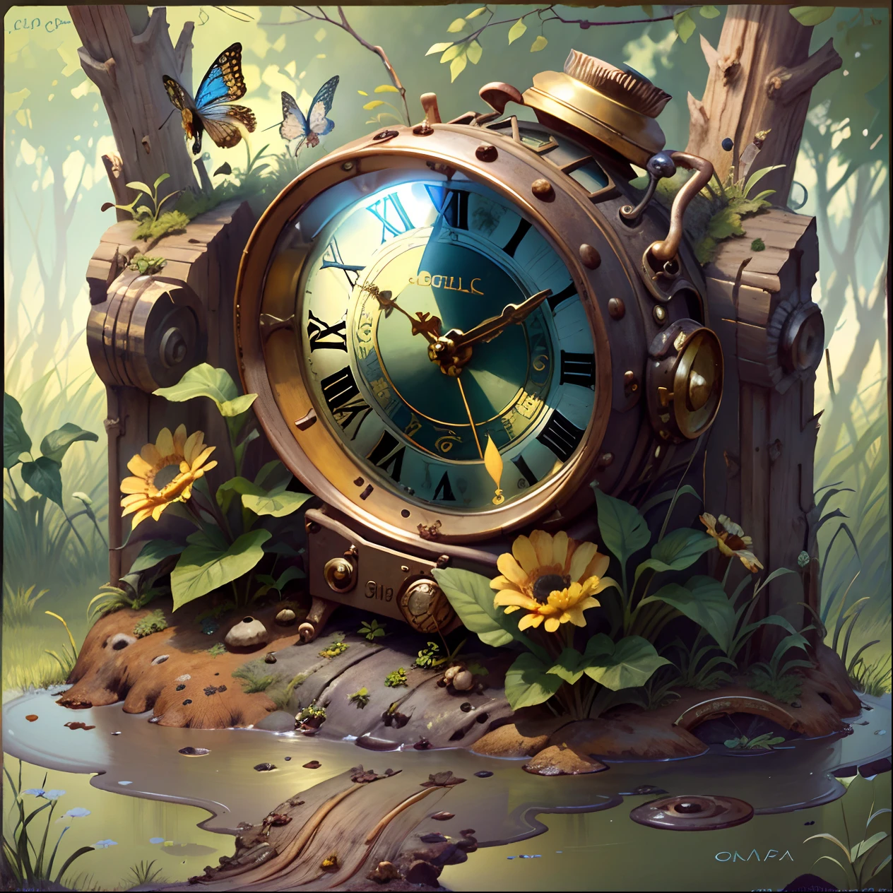 An abandoned bell is half-buried in the mud to create a nest for insects，There are flowers growing on it, Clockwork, [ forgetful ], Country album cover of the clock, Time fragments, mechanical clock, clock, pocketwatch, time does not exist anymore, Time is running out, hyper detailed scene, clockpunk, summertime, graphic of enchanted terrarium, small clocks as leaves, realistic scene