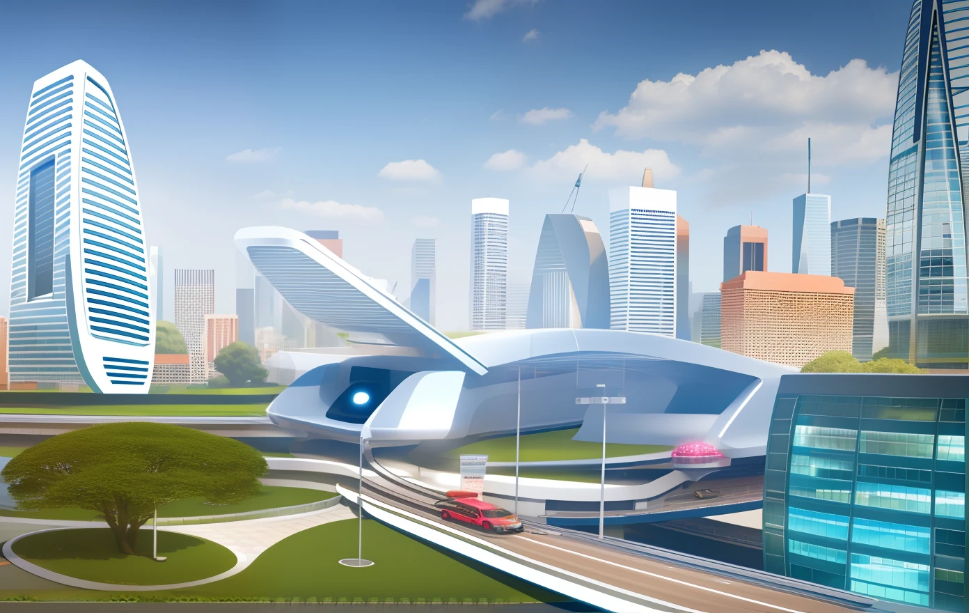 The city of the future,Driverless cars,Floating subway,environment friendly,high - tech, flying car in the sky