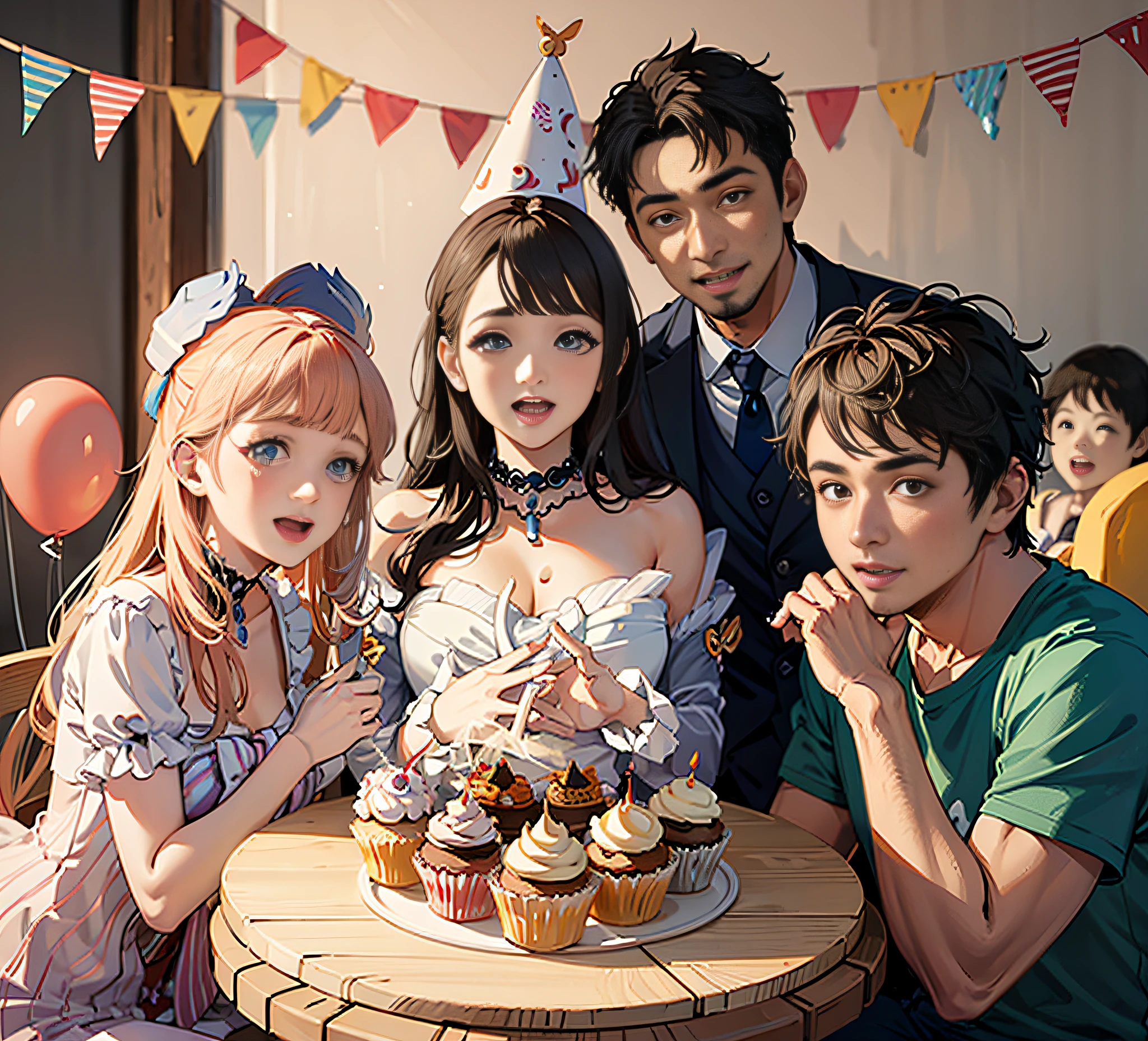 There were 4 people posing for a photo with cupcakes, film promotional image, Birthday party, japanese live action movie, still from live action movie, live-action movie scenes, celebrating a birthday, 8k octan advertising photo, happy birthay, in birthday party, anime party of friend of wisdom, shot on canon eos r 5