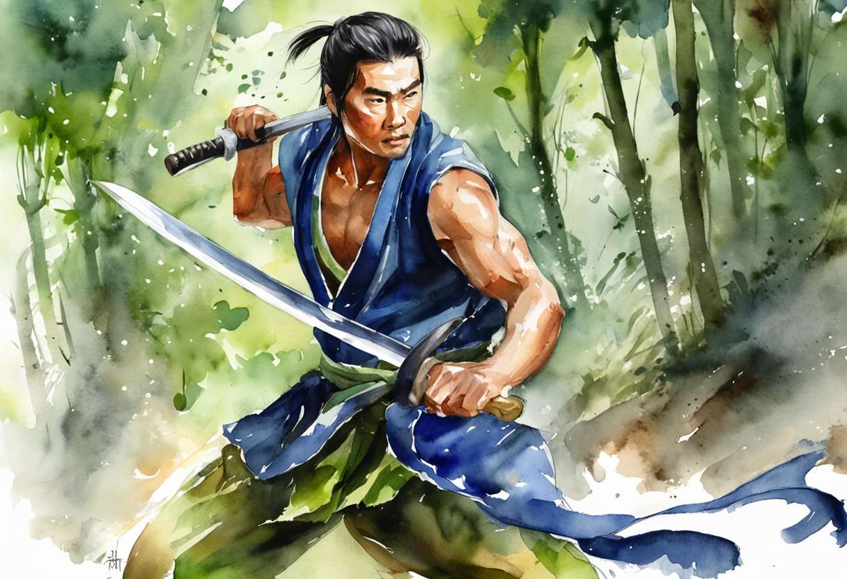 an extreme closeup shot:Male swordsman,Hands are normal,The body does not twist,Hair soars,Wielding a blue light knife,With a murderous expression on his face。Martial arts action,Fighting posture,Motion blur,Bamboo forest in the rain,lightand shade contrast,top views,Faraway view,Focus on people。Depth of field 2.0。Chinese ink splash painting style,Drawn by Zhang Daqian。