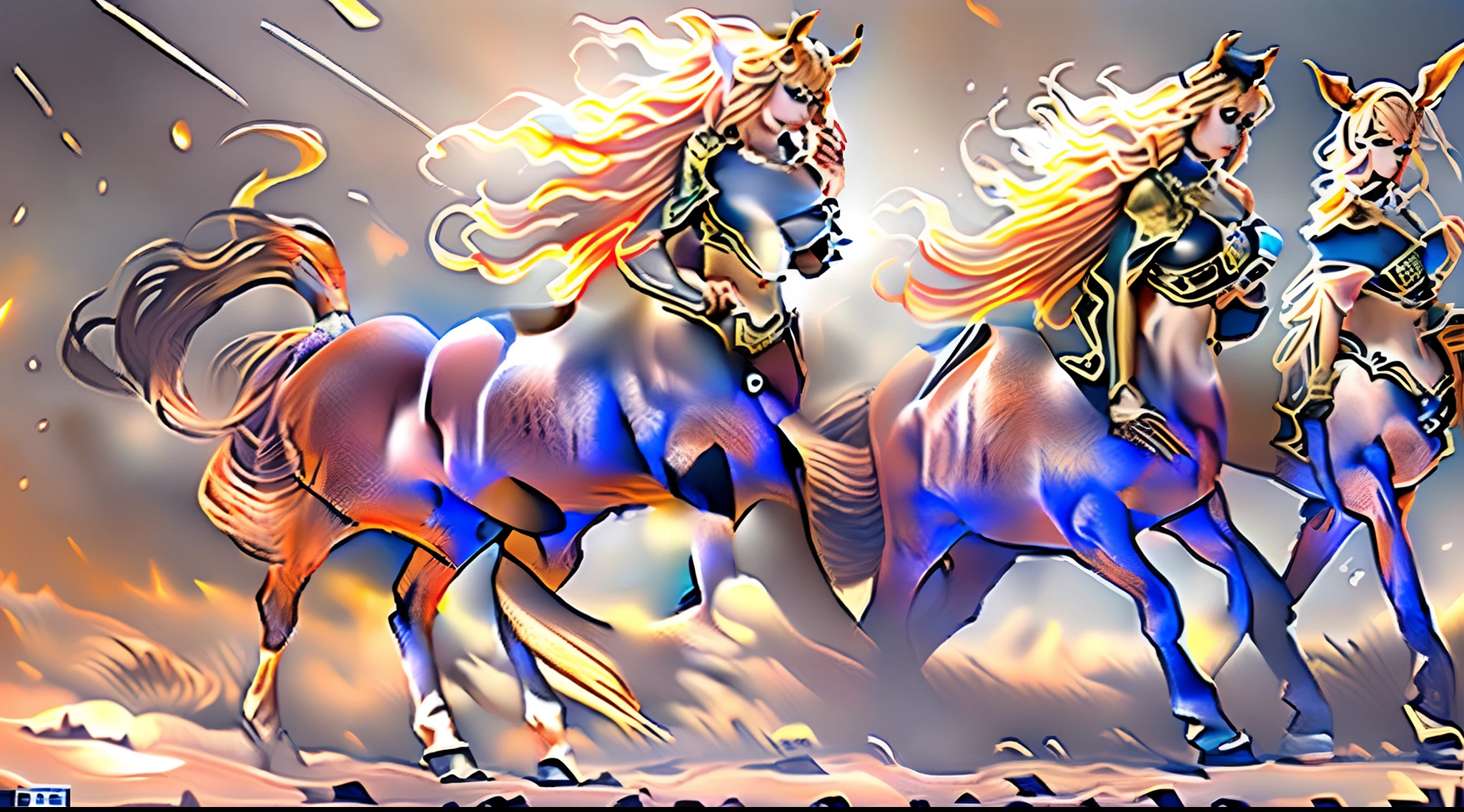 In this beautiful illustration，Eight unique female centaur characters are shown，They all have their own characteristics，Vivid and interesting。Radiant angelic centaurs from the heavenly realm，To the hellish centaurs surrounded by nightmarish flames，And then to the Wind Immortal Centaur dancing in the air，Unicorn centaur surrounded by lightning，Mechanical centaur in mechanical style，Dragon centaurs，Elf centaurs，Tiflin centaurs，Each character has their own unique charms and abilities。The illustration uses advanced artistic techniques and tools，Divide the scene into sections by geometric arrangement，Each section corresponds to a centaur character，This makes more efficient use of space。Through Midjourney's advanced brush tools、Color palette、Material packs and model packs，Exquisite costumes and equipment are designed for each centaur，Enhances the character's personality and visual appeal。The scenery in the illustrations is stunning，There are changing skies、rainbowing、extreme light、Stars and Moon。Incorporating iconic landmarks such as Mount Everest，and fireworks、tranquil lake、Natural and urban elements of waves and neon lights，Creates a magical atmosphere。The centaurs showed off their skills and equipment in a variety of environments，This is true even in extreme alien landscapes。Midjourney's tools make depicting details vivid and realistic，From intricate hairstyles and clothing to authentic textures，Enhances the realism of the characters and surroundings。The fusion of multiple art styles adds movement to the centaur's movement at all angles，The overall visual experience is further enriched。The final illustration was described as a "masterpiece"，It has the characteristics of "best quality" and "realistic"，The details put into the creative process are shown、Level of creativity and craftsmanship。Ultra-grand scenes，super wide shot， hdr，（真实感，Masterpiece quality，best qualtiy），