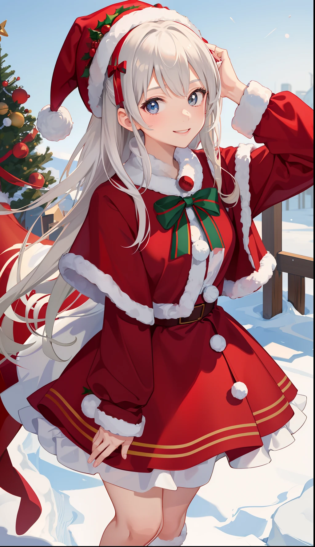Santa Claus happily holding the present、Santa Claus is a pretty girl、Stars in Eyes(kirakira)、head looking up、Kaihuai、Lovely red shoes、foco nítido, Ultra detail, radiant light、Bio-luminescence、Snowscape、It's snowing、Draw a large snowflake in the foreground、taken from behind、Stronger bokeh effect