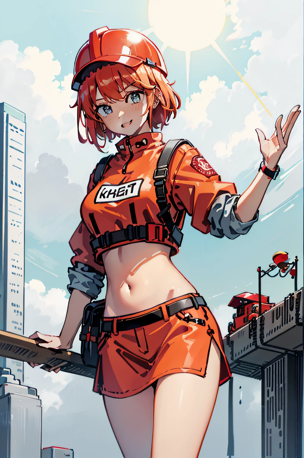 Wear a red safety helmet,Wear a reflective vest,asiagirl,exposing your navel,ssmile,sun shining through clouds,Modern high-rise