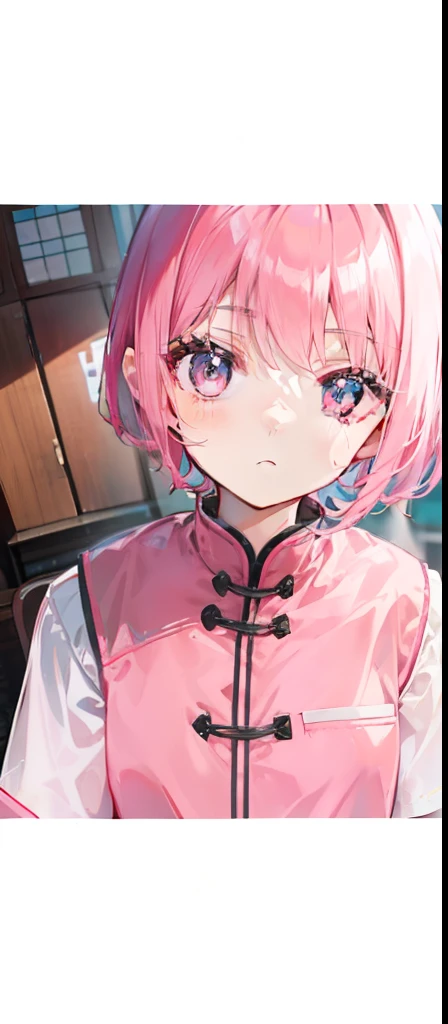 Short pink hair with a sense of transparency，Wears a pink collar、Pink edged"Contemporary Chinese school uniforms" ，Like a very light sweet girl，As shown in the image "School uniforms in contemporary China."