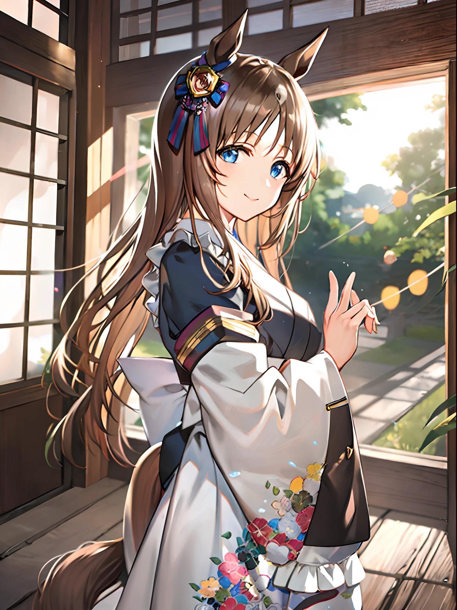 illustration, top quality, better lighting, full body, Grass Wonder \(umamusume\), light brown hair, blue eyes, (one white point in forelock), horse ears, Kimono, maid style kimono, frilled kimono, cute smile, Japanese style room, green tea