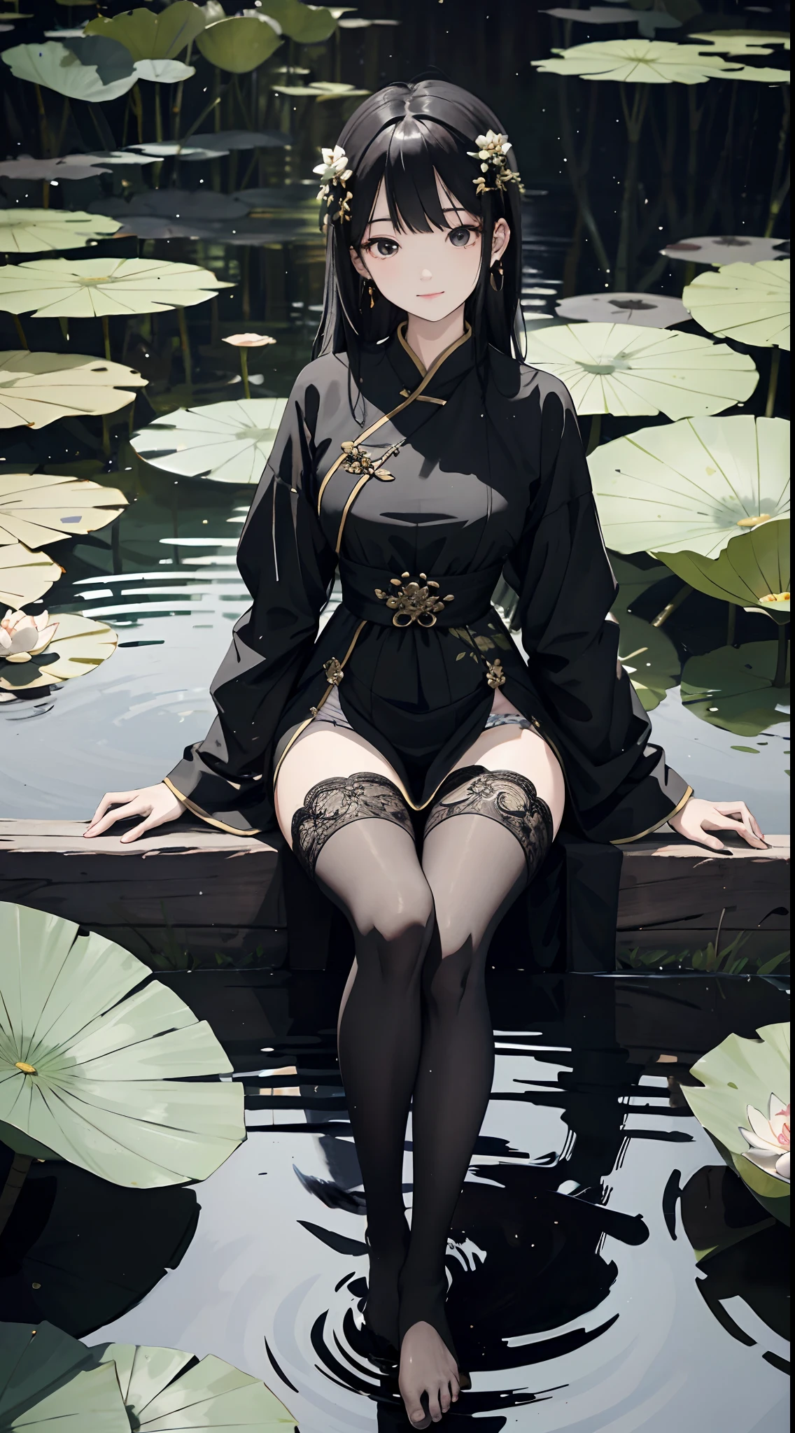 hoang lap,A high resolution,ultra - detailed,photo-realistic(1girll:1.3),handpainted,Simple lines, girl in black Chinese dress,beuaty girl,In the lotus pond,tmasterpiece,sitting on a big lotus leaf,floating clothes,black pantyhoses,black pantyhoses,ssmile,looking toward the viewer,Large round chest