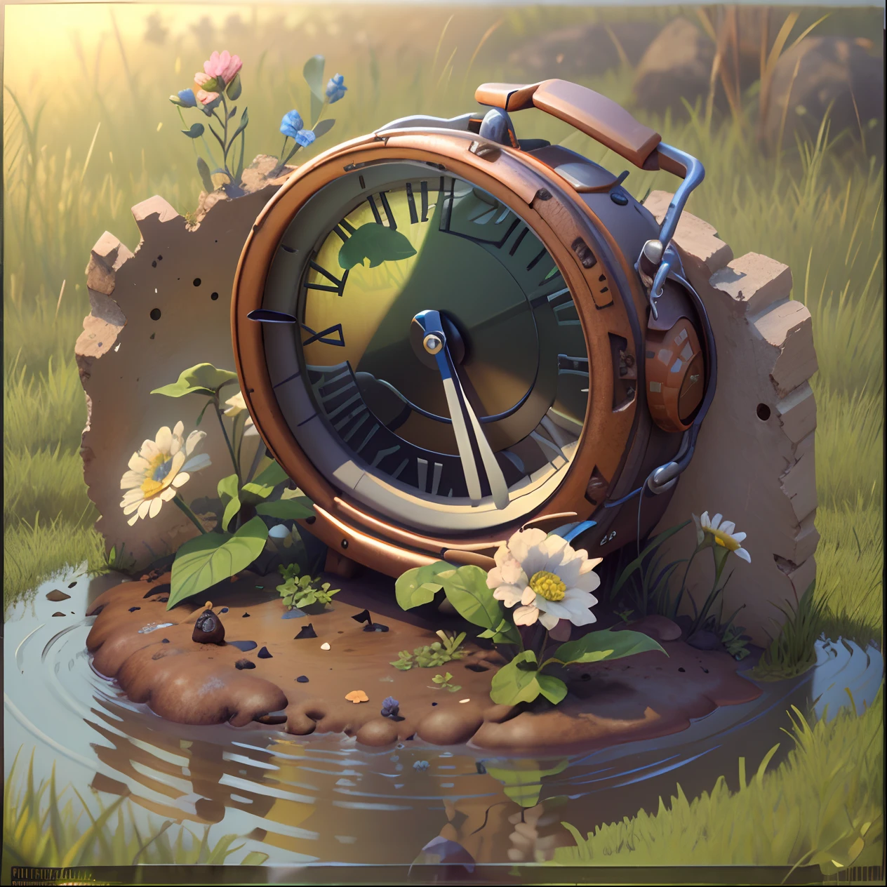 An abandoned alarm clock is half buried in the mud,Build nests for insects,There are flowers growing on it, isometry,high-angle, Big surreal,Realistic 3D game art,True light,warm sunlight