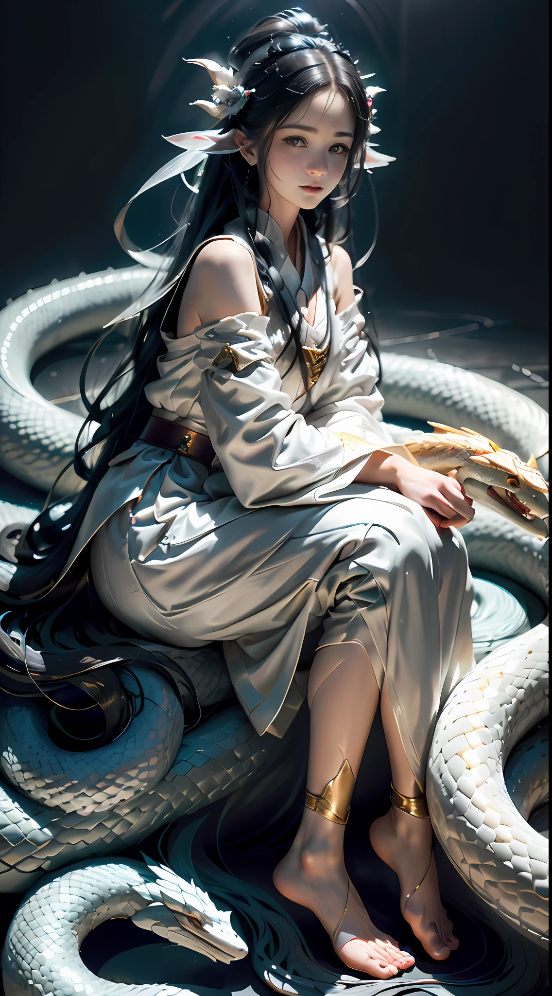 Kizi,Snake demon,(Beautiful feet), (Beautiful fingers),long whitr hair, glowing hairs, (Ultra-detailed hand close-up), ((Detailed close-up of the face)), hair adornments, (Light silk), (Glazed tulle),(Subtle warm light), (Extremely colorful), Movie special effects, Sit on a recliner, Lazy posture, Holding a small snake,(Crystal snake),impressionistic, tmasterpiece, ultra-detailliert, Epic composition, high qulity, HighestQuali, 4K