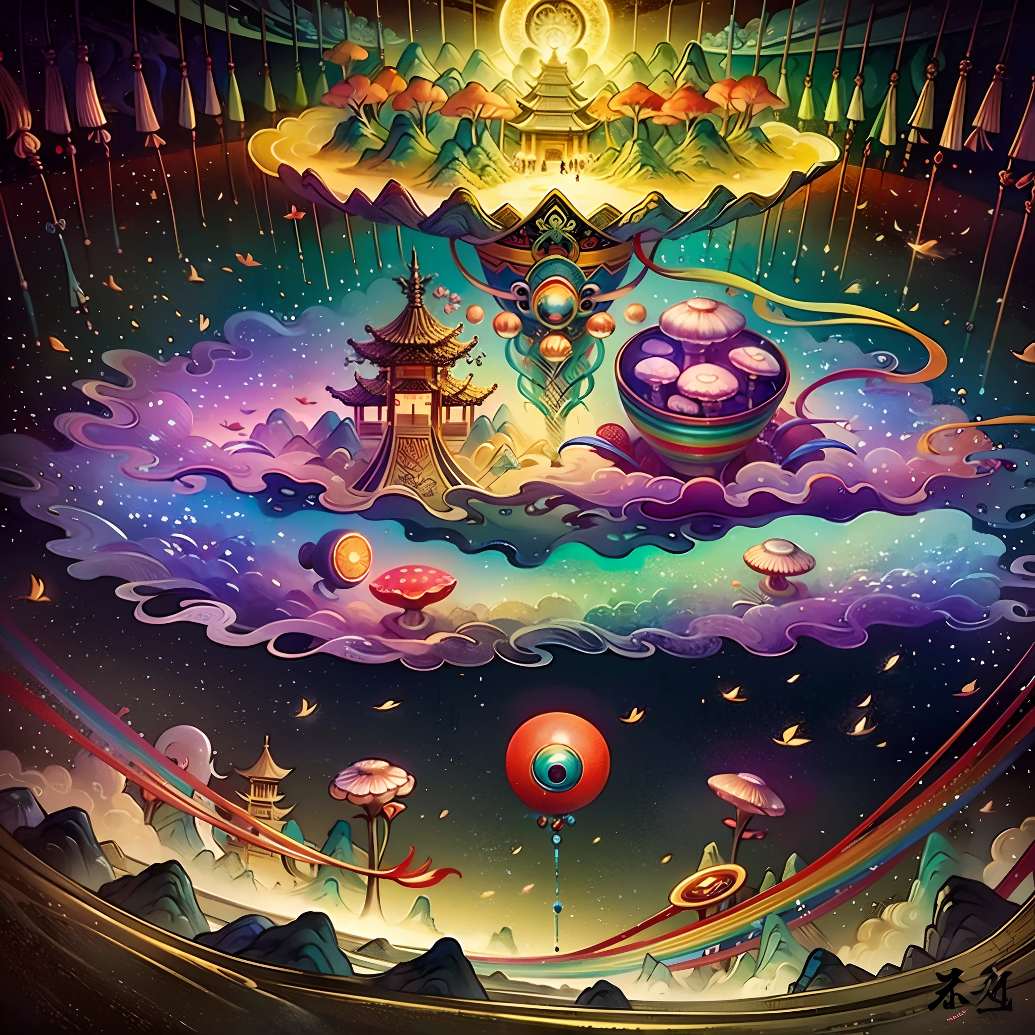 An ancient Chinese painting, ancient Chinese background, mountains, rivers, auspicious clouds, pavilions, sunshine,(psychedelic details),(mushrooms),lotus,(rainbow),(trippy),(DMT),intricate details, more details, high details,masterpieces, super detail, epic composition, ultra HD, high quality, extremely detailed, official art, unified 8k wallpaper,(show full objects ),Super detail, 32k -- v 1.7
