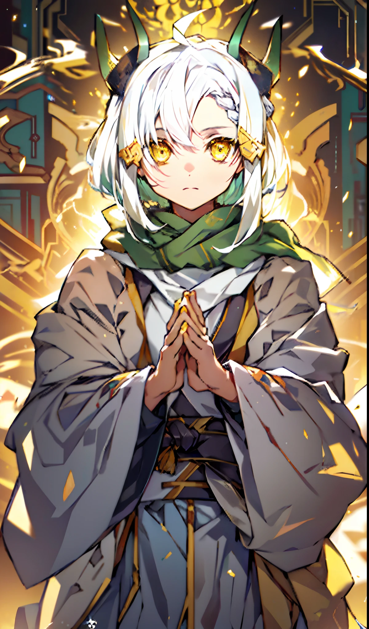 (Masterpiece:1.2),Best quality,Pisif,Taoist,(Meditation:1.1),Solo,((horns)),((green scarf)),((White hair)),Short hair,ahoge,(french braid),Green hairpins,(((golden yellow eyes)))