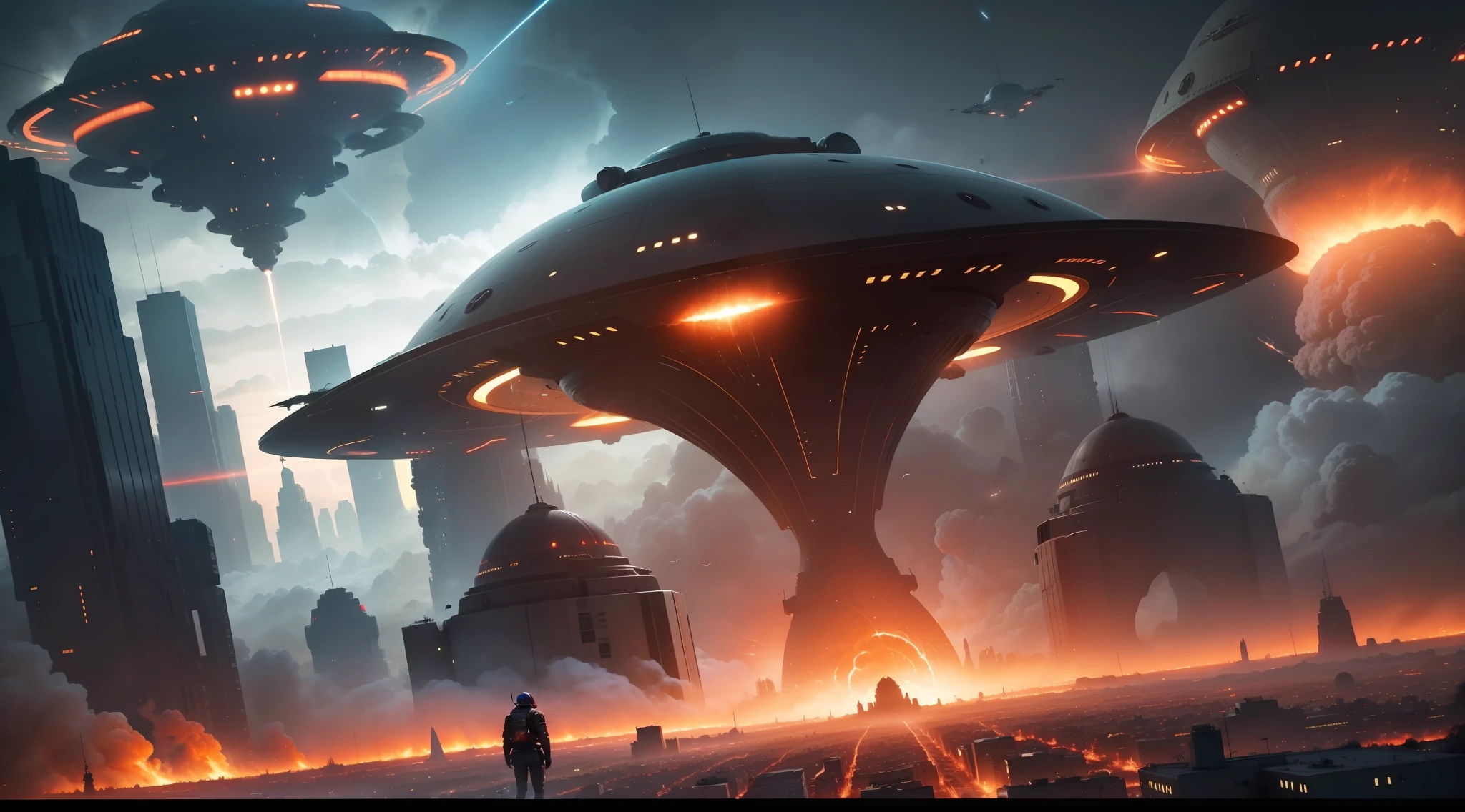 Huge alien flying saucers land on Earth，People on the streets of the city were scattered，Humans send high-tech planes to meet the battle，Missiles in the sky fly sideways，The battle between human planes and alien flying saucers is fierce,The fire was raging，Realistic sci-fi style，Cinematic 8K scenes