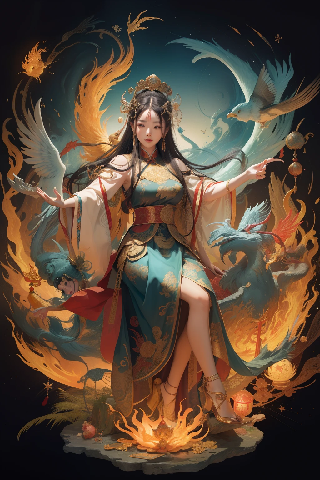an ancient Chinese goddess, guanyin of the southern seas, Guanyin, Inspired by China, Avalokiteshvara rides a phoenix,,Serene expression,shui mo hua,Buddha,Buddhist,Lotus,Chinese painting style,Thangka style