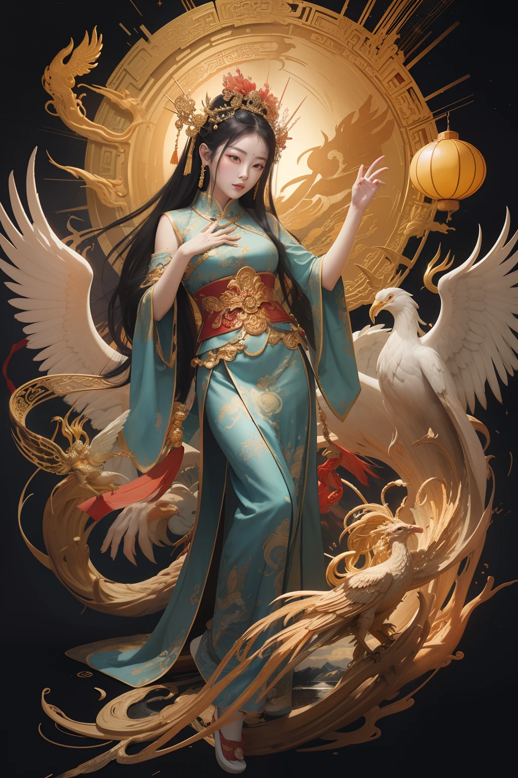 an ancient Chinese goddess, guanyin of the southern seas, Guanyin, Inspired by China, Avalokiteshvara rides a phoenix,,Serene expression,shui mo hua,Buddha,Buddhist,Lotus,Chinese painting style,Thangka style