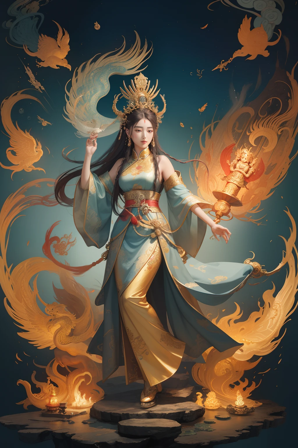 an ancient Chinese goddess, guanyin of the southern seas, Guanyin, Inspired by China, Avalokiteshvara rides a phoenix,,Serene expression,shui mo hua,Buddha,Buddhist,Lotus,Chinese painting style,Thangka style