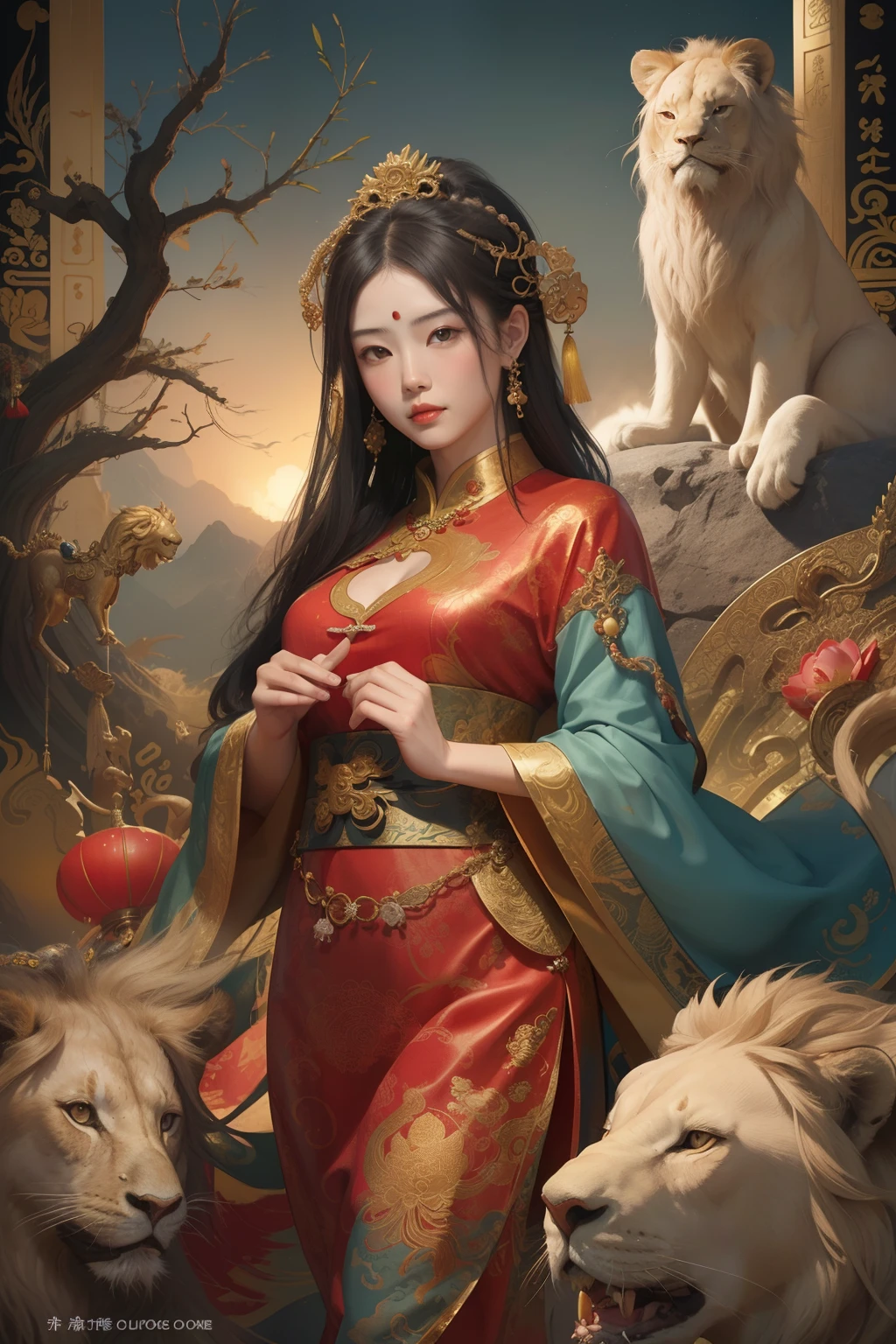 an ancient Chinese goddess, guanyin of the southern seas, Guanyin, Inspired by China, Avalokiteshvara rides a lion,,Serene expression,shui mo hua,Buddha,Buddhist,Lotus,Chinese painting style,Thangka style