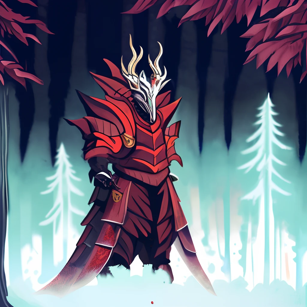 Close-up of a man in red armor standing in the forest, redwood forest themed armor, dark souls art style, Dragon Knight, draconic looking armor, the knight from hollow knight, demonic dragon inspired armor, dragon inspired armor, Red demon armor, daedric armor, dnd fantsay art, Blood Knight, blood red armor, fantasy inspired dragon armor