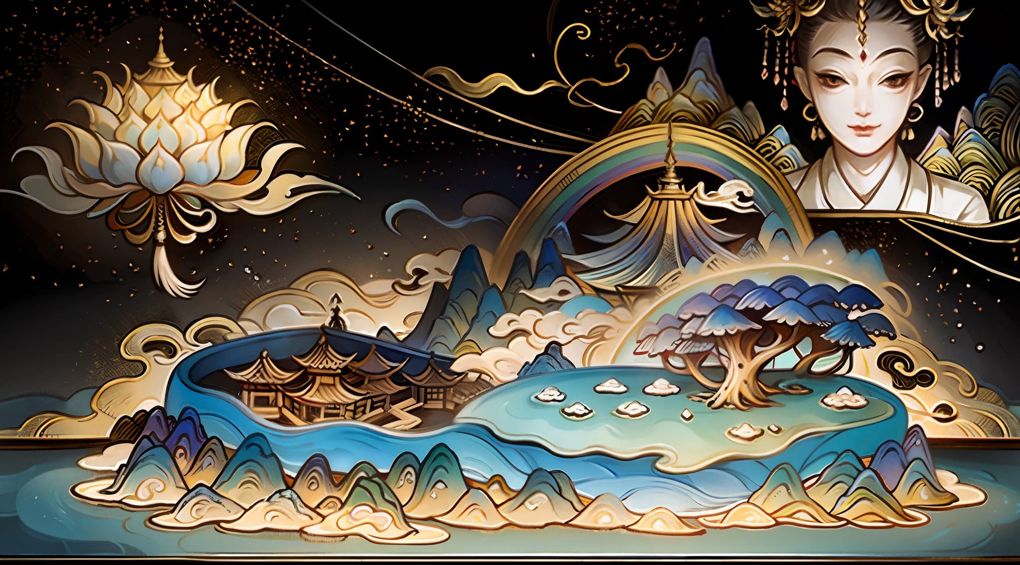 An ancient Chinese painting, ancient Chinese background, mountains, rivers, auspicious clouds, pavilions, sunshine,(psychedelic details),(mushrooms),(rainbow),(trippy),(DMT),(Buddha),intricate details, more details, high details,masterpieces, super detail, epic composition, ultra HD, high quality, extremely detailed, official art, unified 8k wallpaper, Super detail, 32k -- v 6