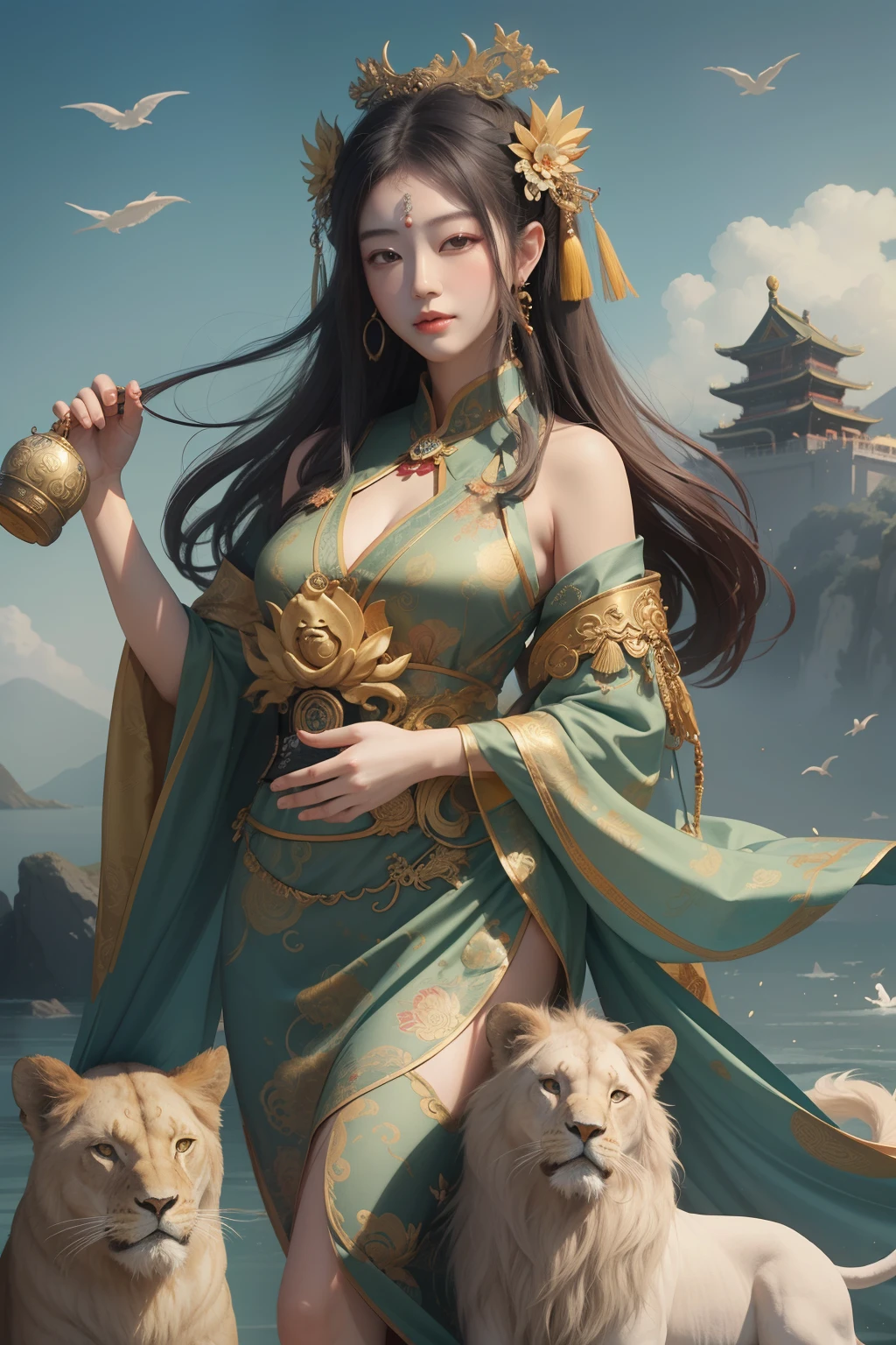 an ancient Chinese goddess, guanyin of the southern seas, Guanyin, Inspired by China, Avalokiteshvara rides a lion,,Serene expression,shui mo hua,Buddha,Buddhist,Lotus,Chinese painting style,Thangka style