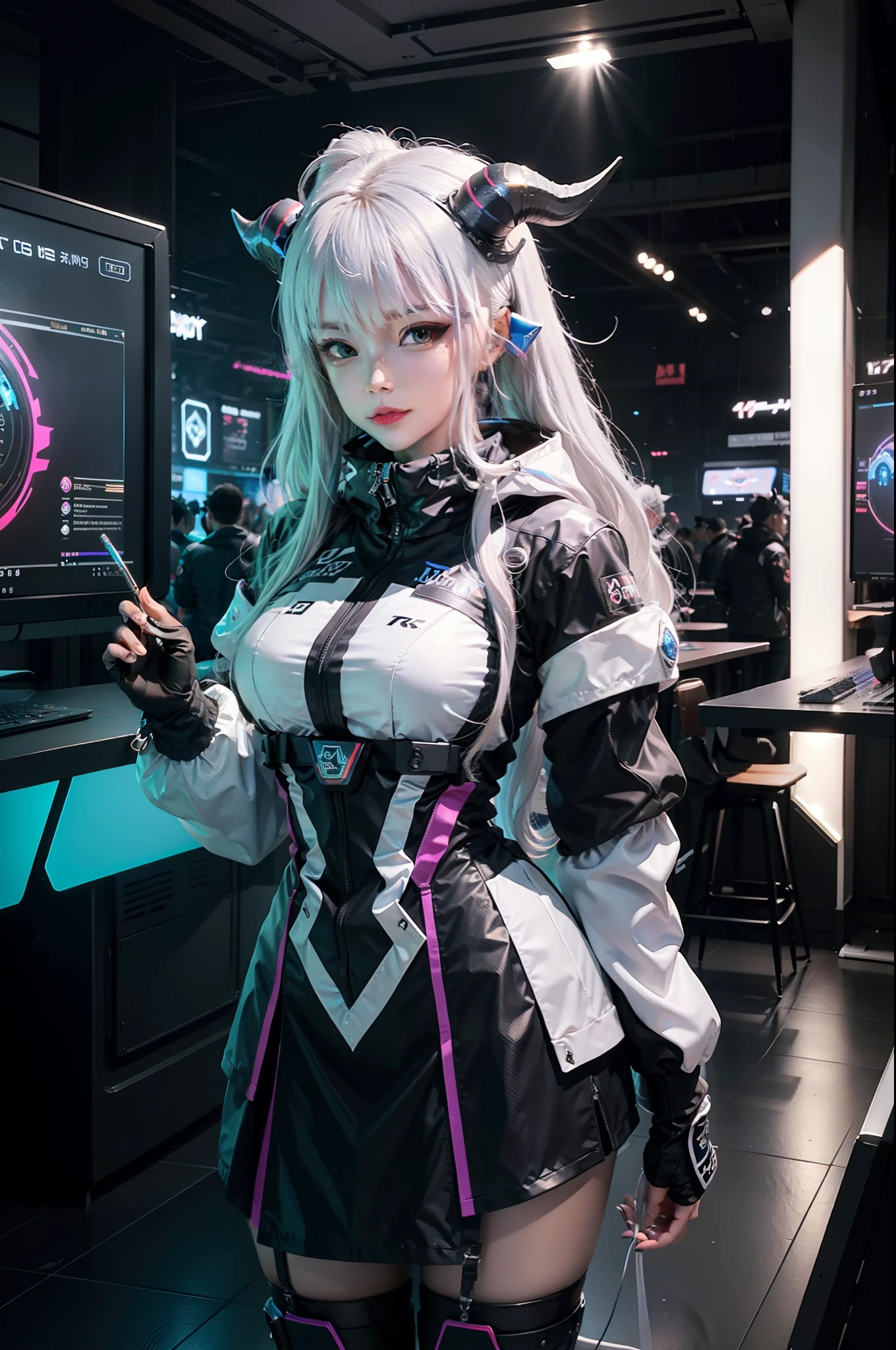"cyber punk style，2D Screen，A beautiful female figure，Esports girls，There is a pair of horns on the head，Silvery-white hair，perfectly proportions，PBR textures、post-proces、Anisotropy Filtering、depth of fields、Highest clarity and clarity、Many-Layer Textures、Albedo e mapas Speculares、Surface coloring