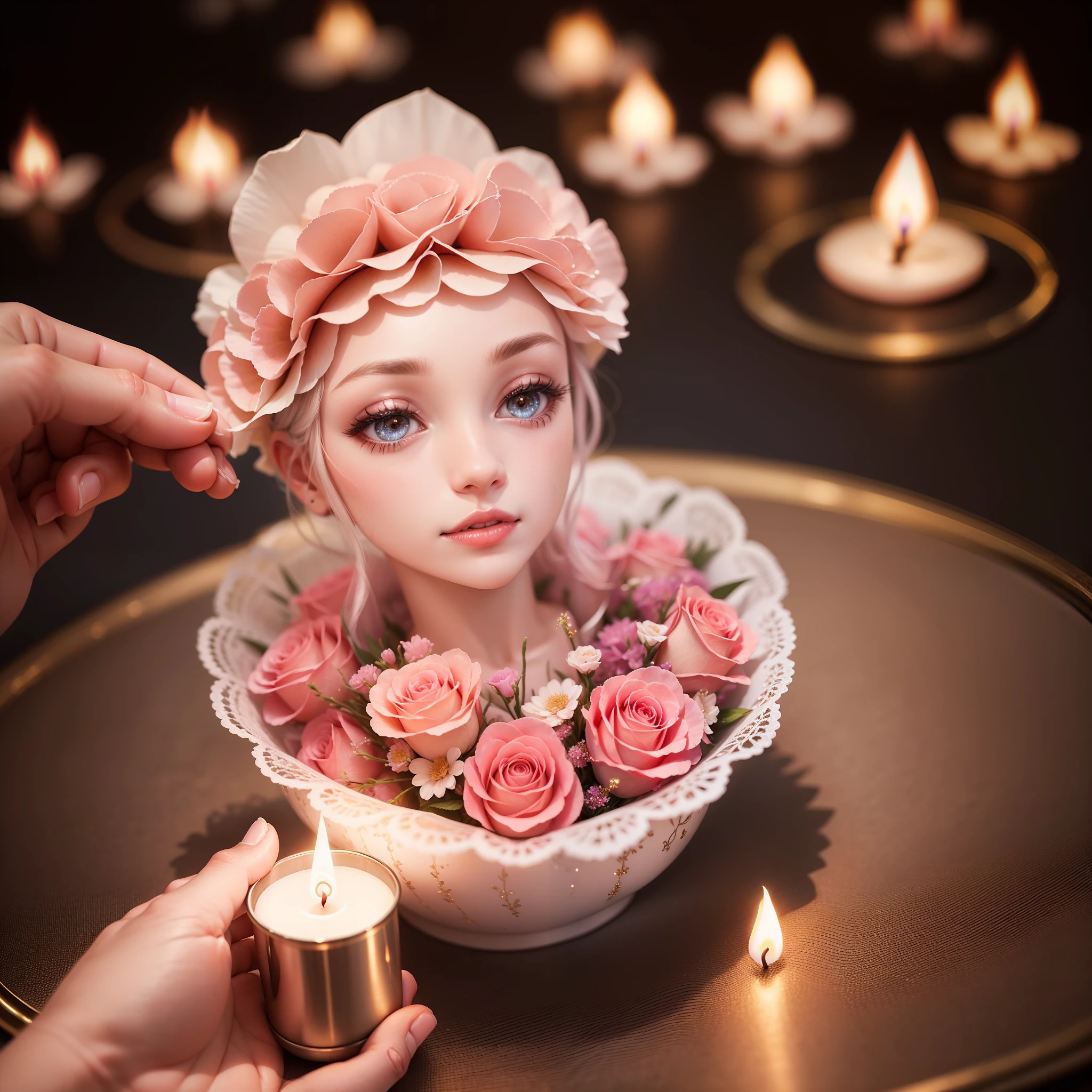 Photo of realistic hand holding flower candle, Vela rosa, vela com glitter, vela com chama iluminada, super realista, Hiper realista, 8k.
