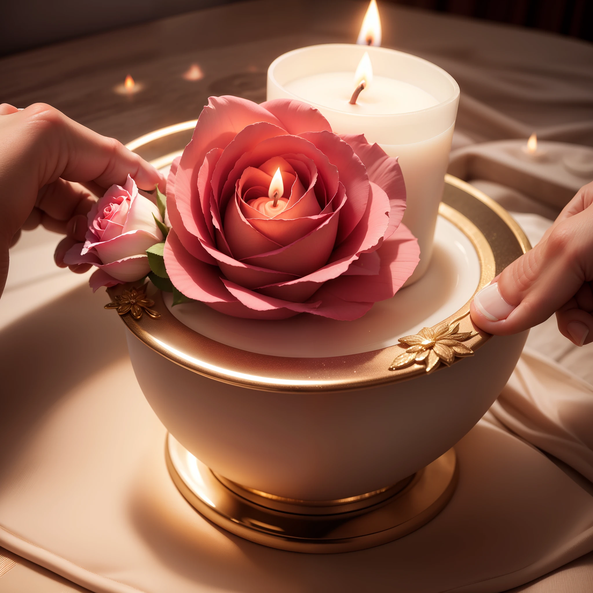 Photo of realistic hand holding flower candle, Vela rosa, vela com glitter, vela com chama iluminada, super realista, Hiper realista, 8k.