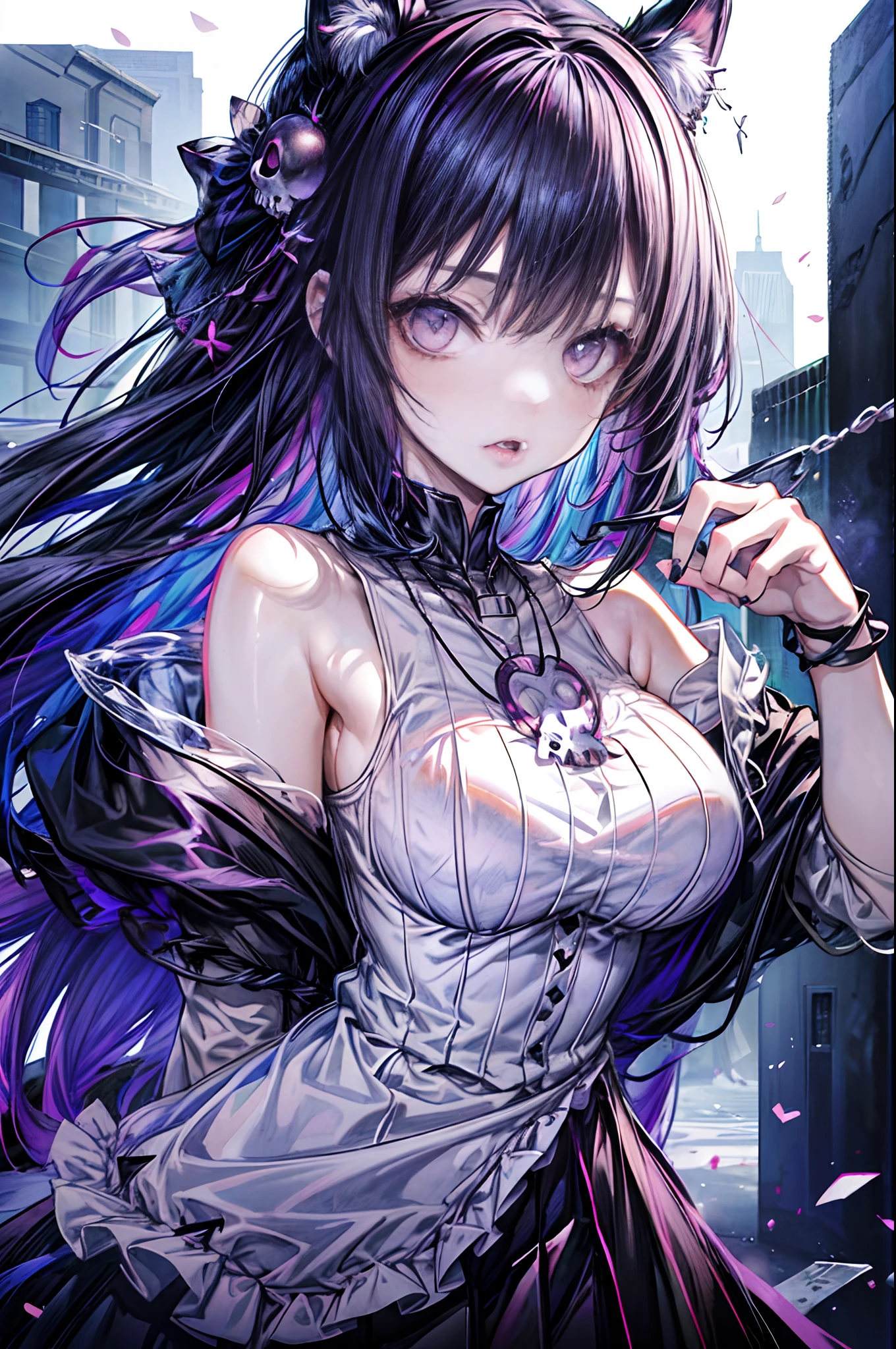 anime girl with horns and a skull necklace, a character portrait by Jin Homura, trending on pixiv, gothic art, 1 7 -  - old me goth girl, portrait of a goth catgirl, goth girl, anime style illustration, anime girl with cat ears, neo goth, cat girl, anime style portrait, demon anime girl