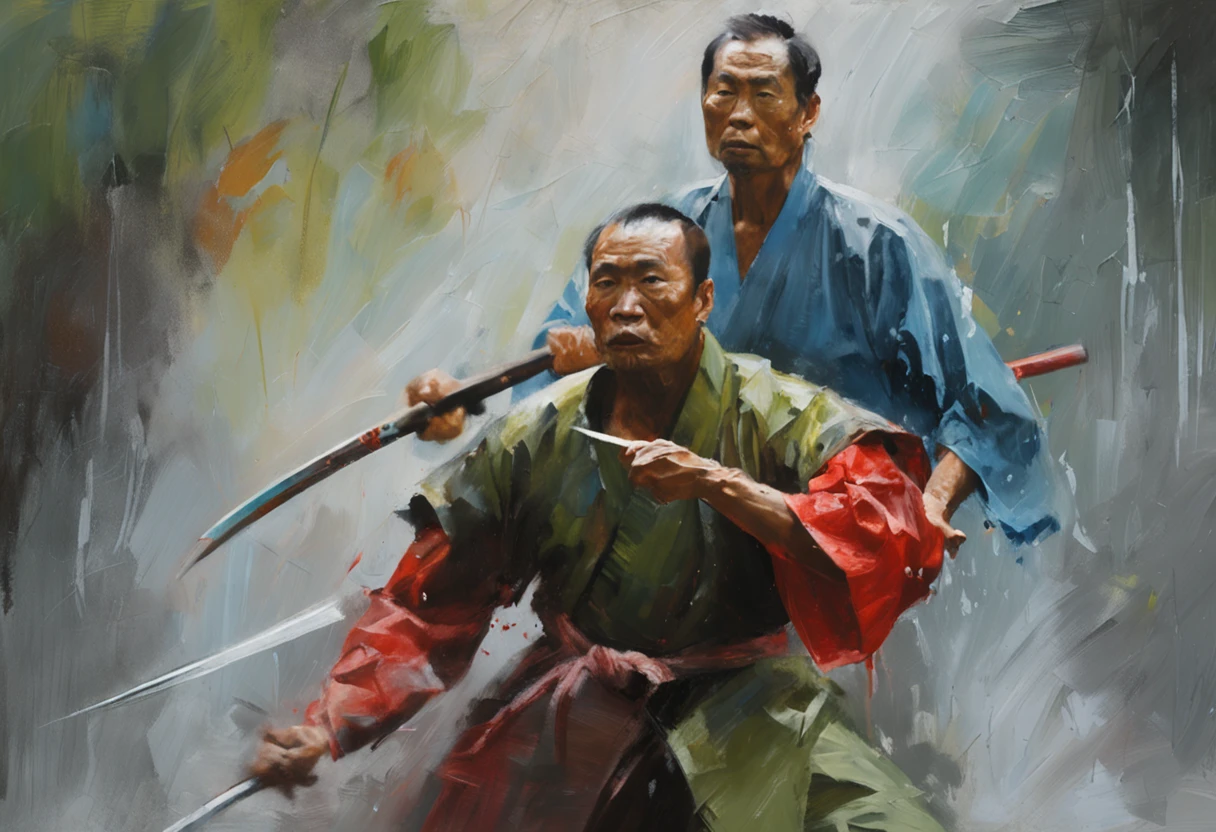 an extreme closeup shot:Male swordsman,Hands are normal,The body does not twist,Hair soars,Wielding a blue light knife,With a murderous expression on his face。Martial arts action,Fighting posture,Motion blur,Bamboo forest in the rain,lightand shade contrast,top views,Faraway view,Focus on people。Depth of field 2.0。Chinese ink splash painting style,Drawn by Zhang Daqian。
