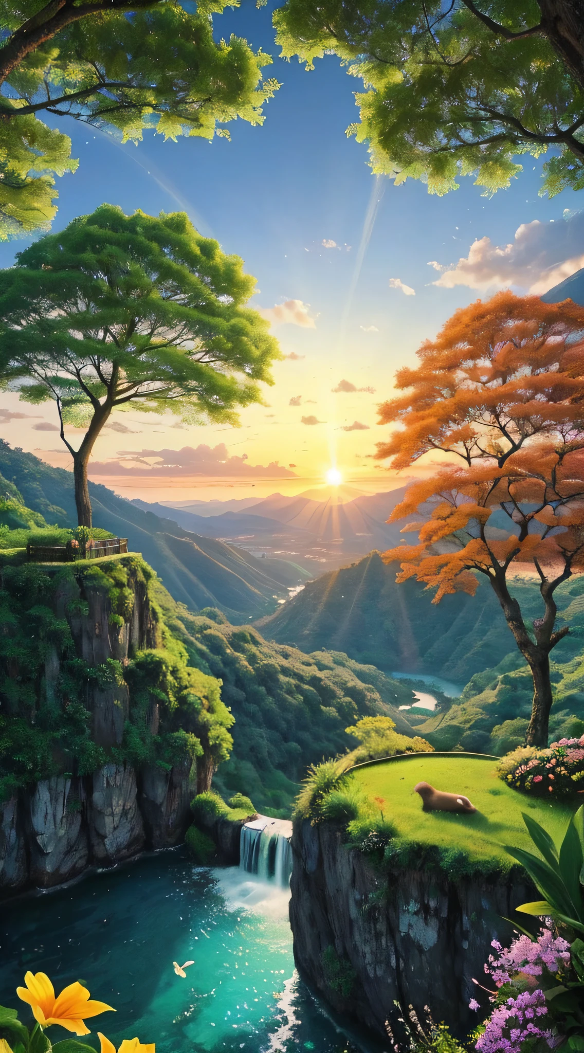 Realista (Heavenly Paradise: 1.1), Representation of a Divine Landscape, verdant fields and gentle hills stretching as far as the eye can see, streams of crystal clear waters that flow serenely among the leafy trees, flores em cores celestiais exalando perfumes suaves, Birds in graceful flight, the sky painted in golden and orange tones by the eternal sunset, a sense of perfection and tranquility filling the room, (illustration), atmosphere of harmony and bliss, alta resolução