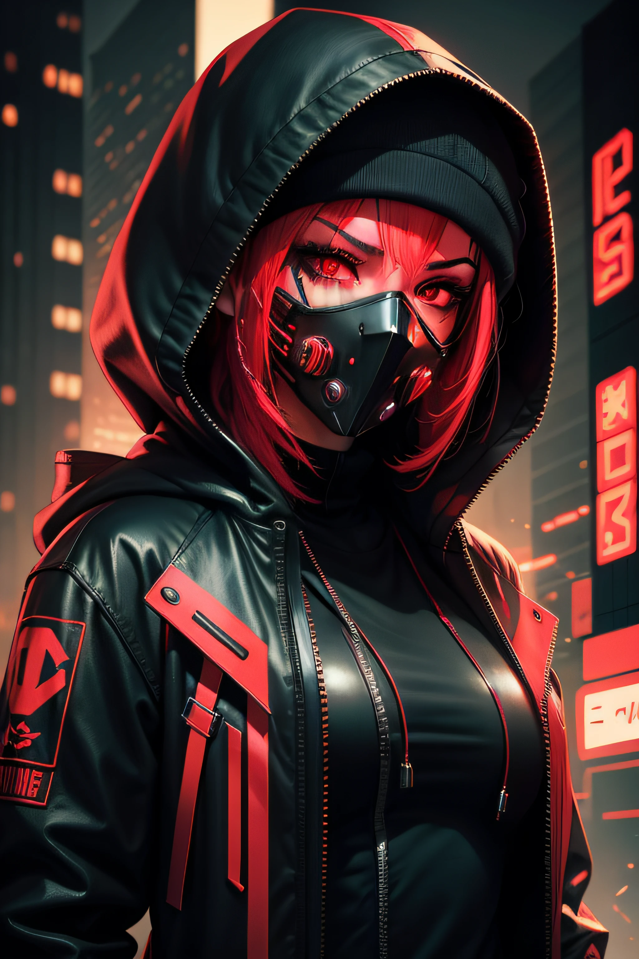 female character,  hood, cyberpunk, red neon, mask, dark, eyes coming out fire
