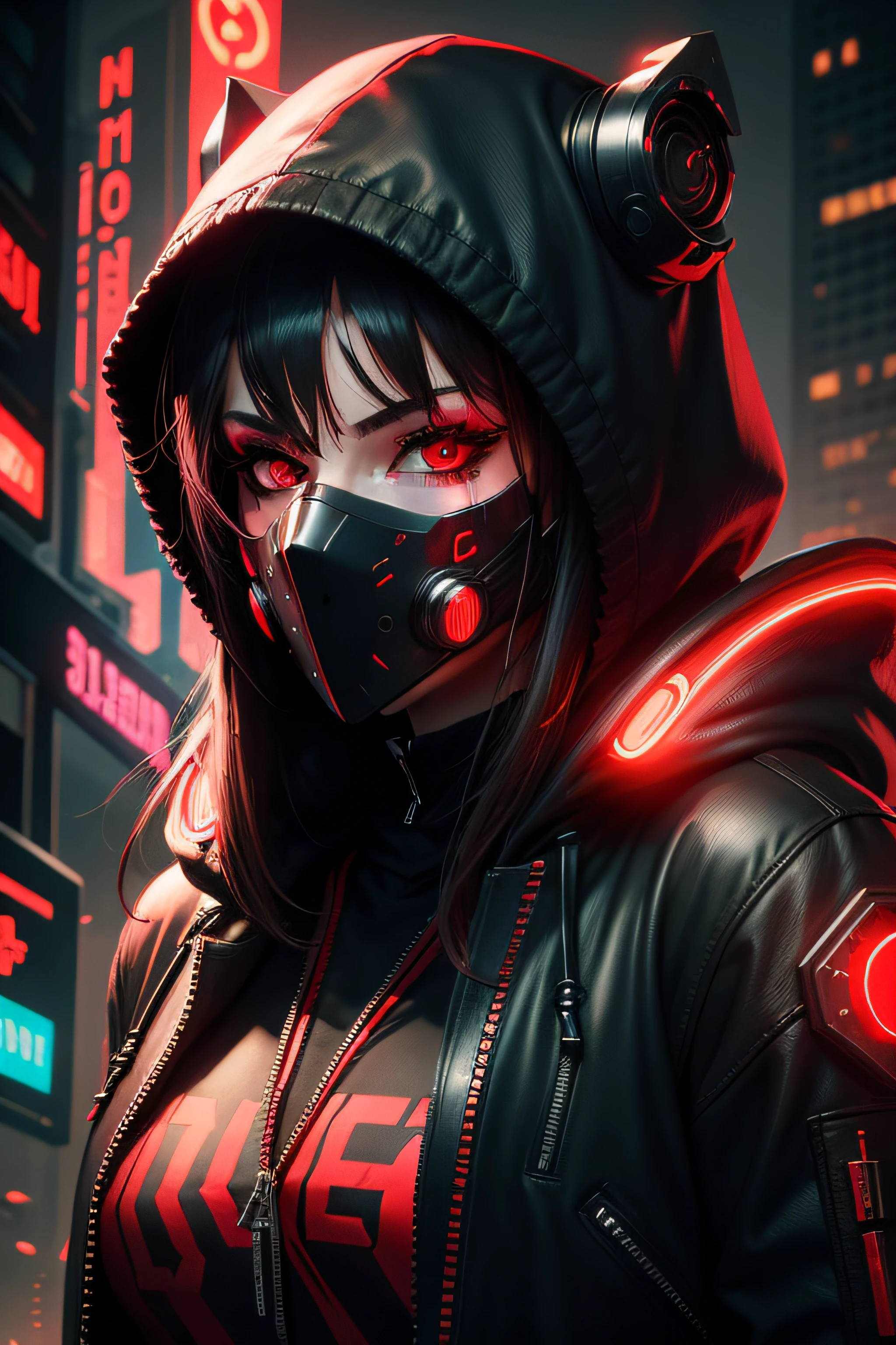 female character, hood, cyberpunk, red neon, mask, dark, eyes coming out fire