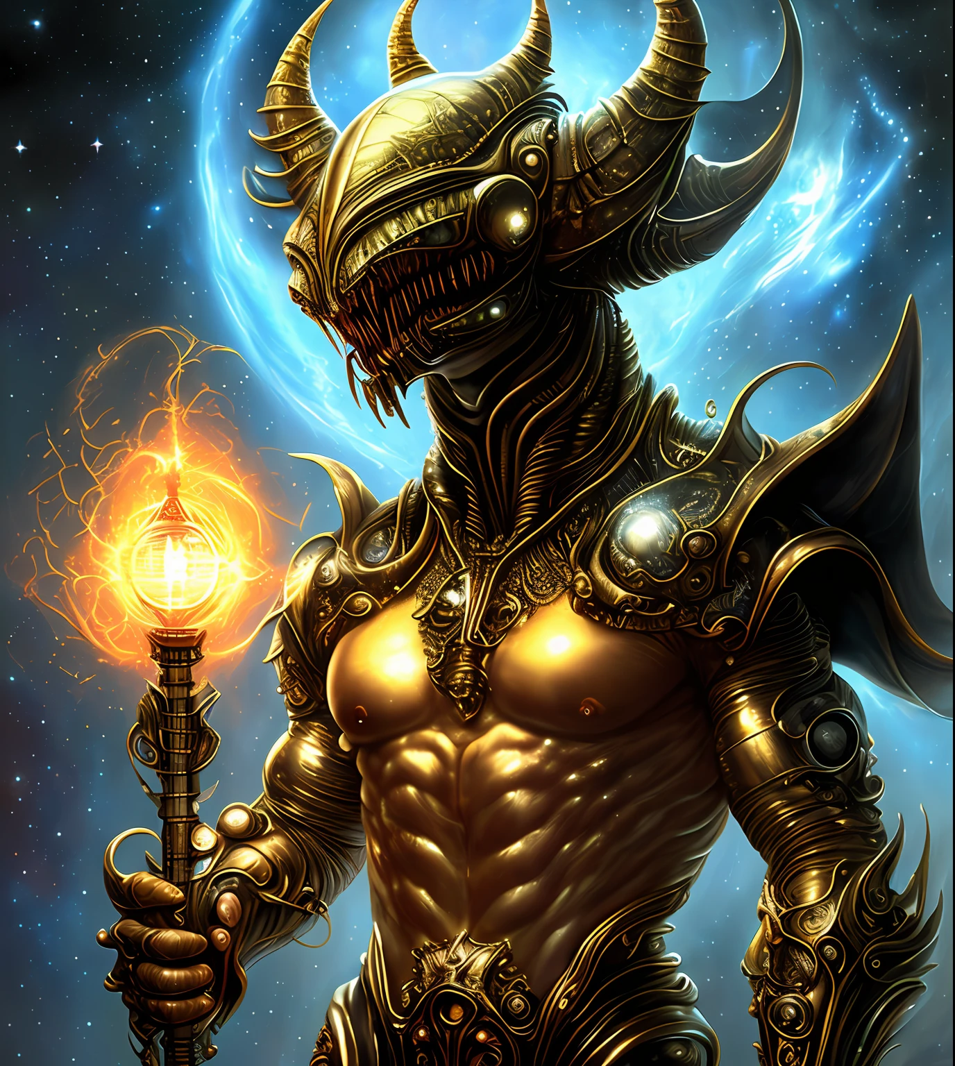 Terrifying alien space monster with gold and silver skin,holding a cane with red,verde,Diamantes naranjas y azules,futuristic,((masculino,cuerpo completo)),Arte de Boris Vallejo,h.r. Giger y Julie Bell,((Arte ultrahiperrealista,elegante,Bellas Artes)),((hiperdetallado,obra maestra,32K,Ultra HD.)).