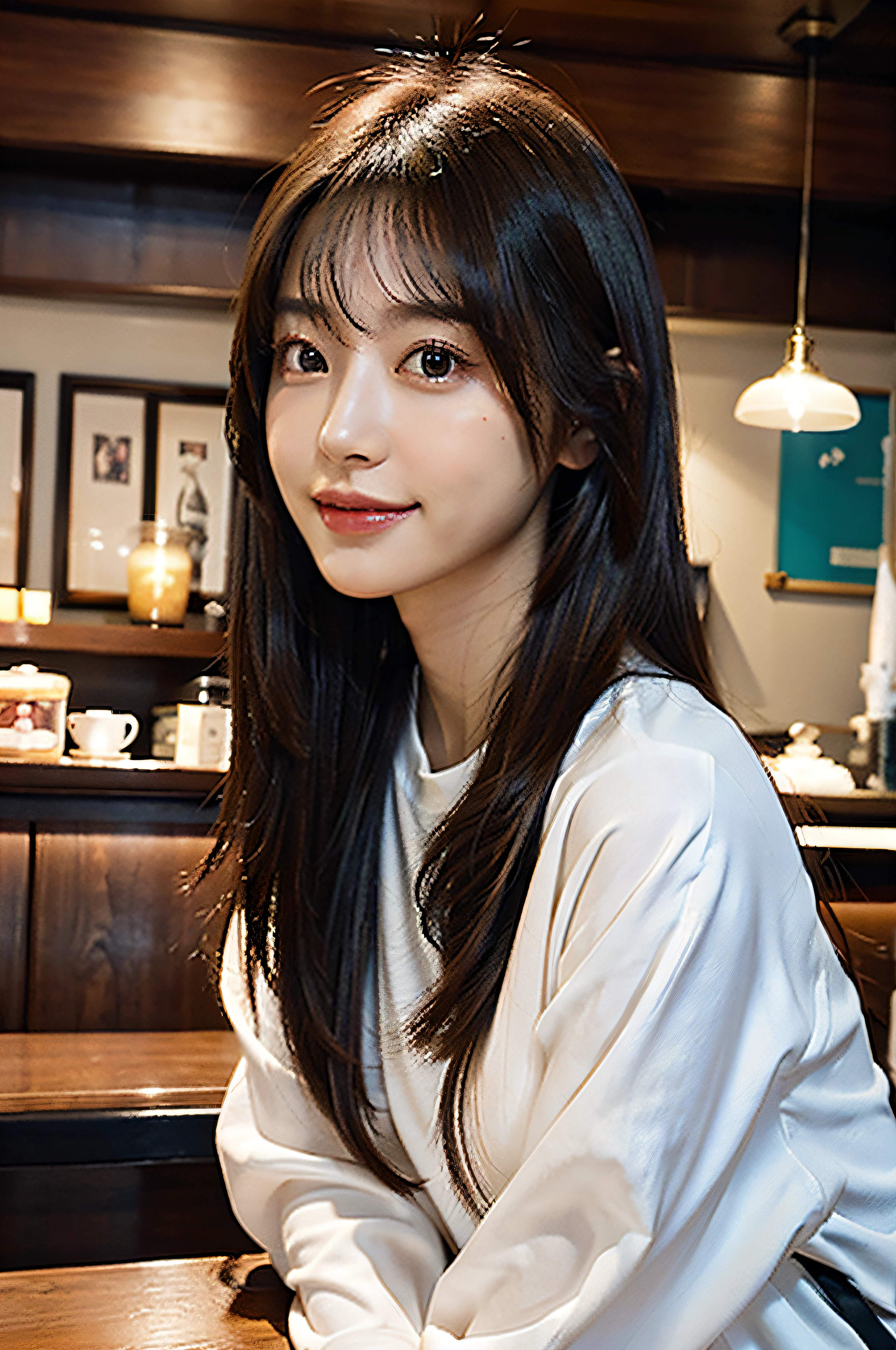 4K、8K、best qualtiy、masterpiece、One girl on the page of imaginative women、The background is a stylish café、Slightly dark interior、Soft light、date、A slight smil、at sunrise、cellshading、Anaglyph effect、超A high resolution、Highly detailed official Unity 8K wallpaper、超A high resolution、ultra-quality、Lustrous hair、real looking skin、Beautie