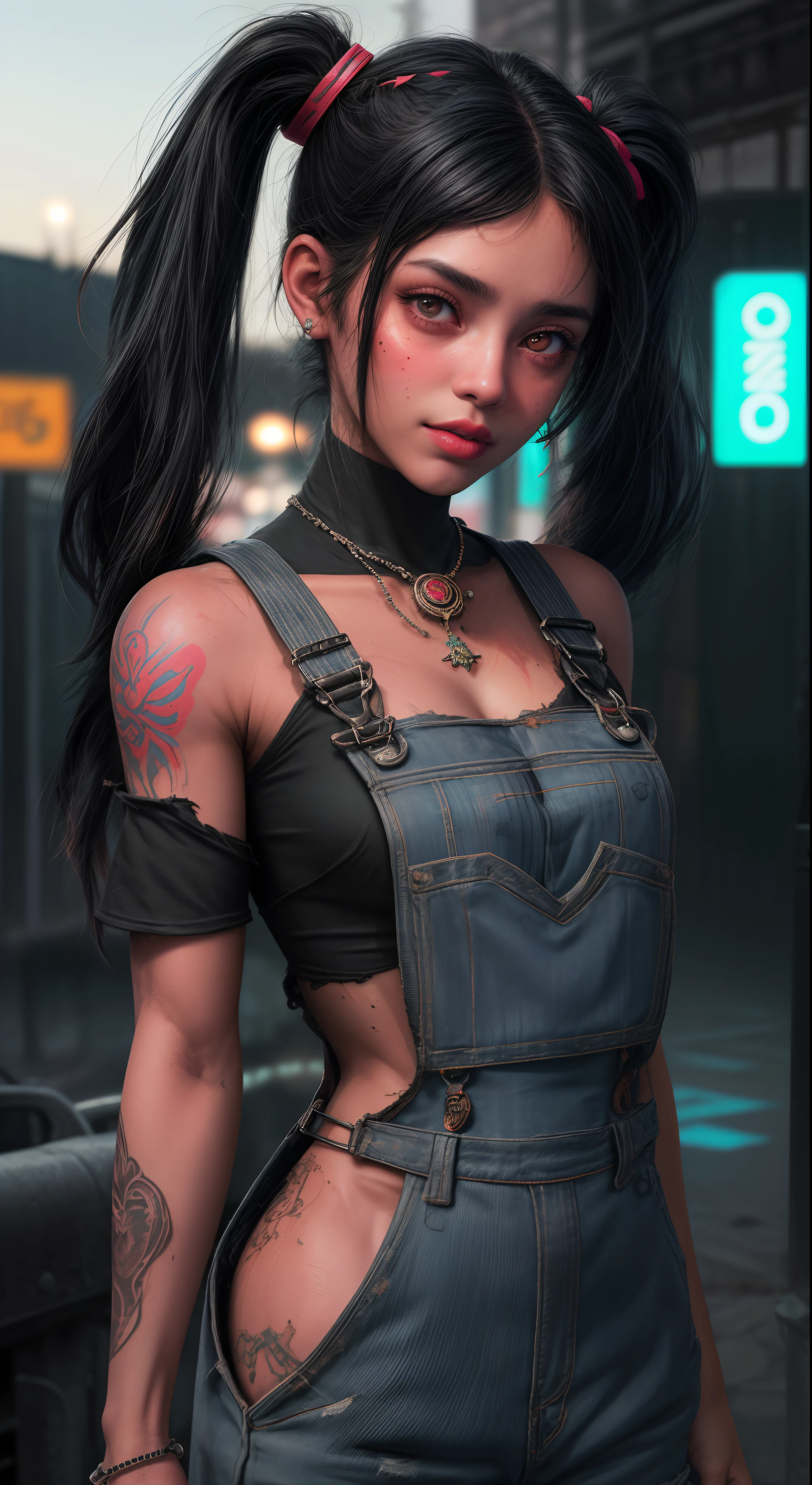 uma jovem morena de 18 anos sorrindo, (wearing torn and dirty overalls) cabelo curto cacheado, tatuagens no corpo e no rosto , olhos grandes azuis, (Neon city background at night),Mouth fleshy lips with red lipstick, with the medallion on the neck,brinco, penetrante , seios grandes, sweaty skin with imperfections,Tatuada no rosto, ,(Pigtails de cabelo com gravatas)detalhes intricados ( 8k super realista) em uma cidade com fundo neon cyberpunk