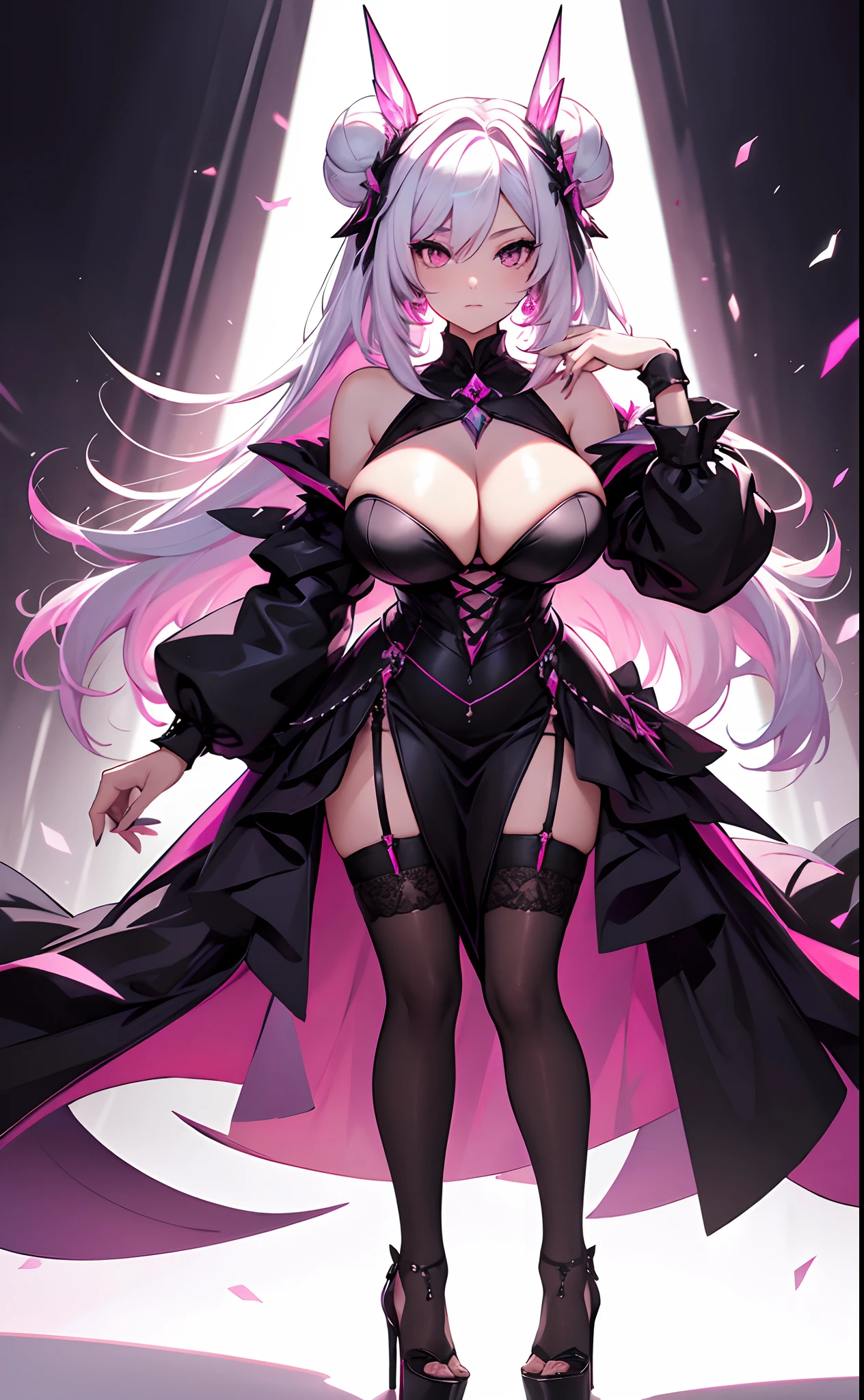 best qualityer,tmasterpiece,Ultimate resolution,downy,Extremely colorful,Colorful,Lady,a matural female,Black dress long dress,Gorgeous dress,feater,huge tit,(Super short pink and white hair,One big bun),black lence stockings,Stiletto sandals,Normal posture,Normal posture