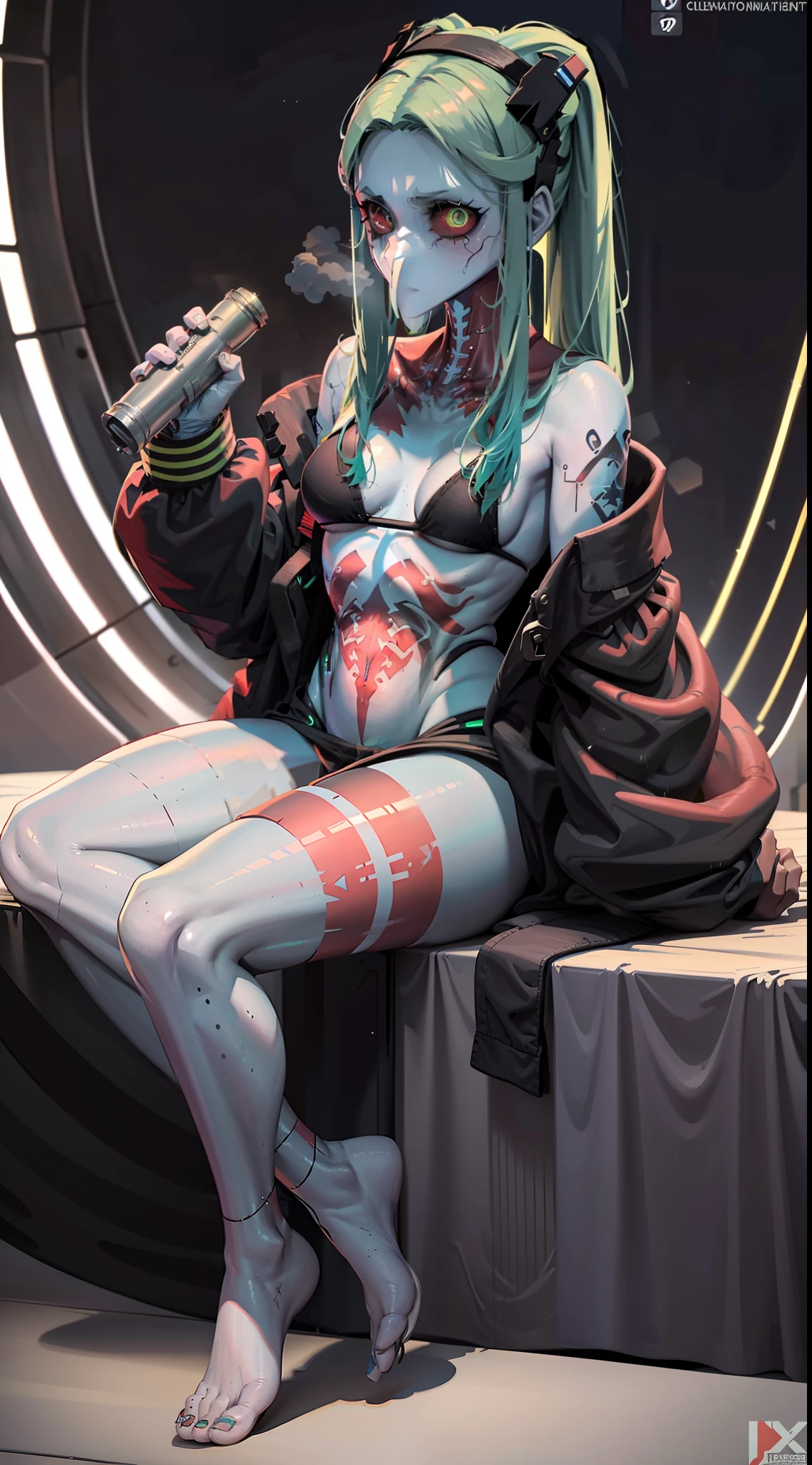 alta resolução, obra-prima, melhor qualidade, 1girl, red sclera,red pupils, cyborgunder, green hair, colored skin, plague doctor, sitting, many tattoos, roupa futurista, skirt, detalhes neon, estilo cyberpunk neon, ao fundo cidade cyberpunk a noite, pele finamente detalhada, seios enormes, pernas muito musculosas