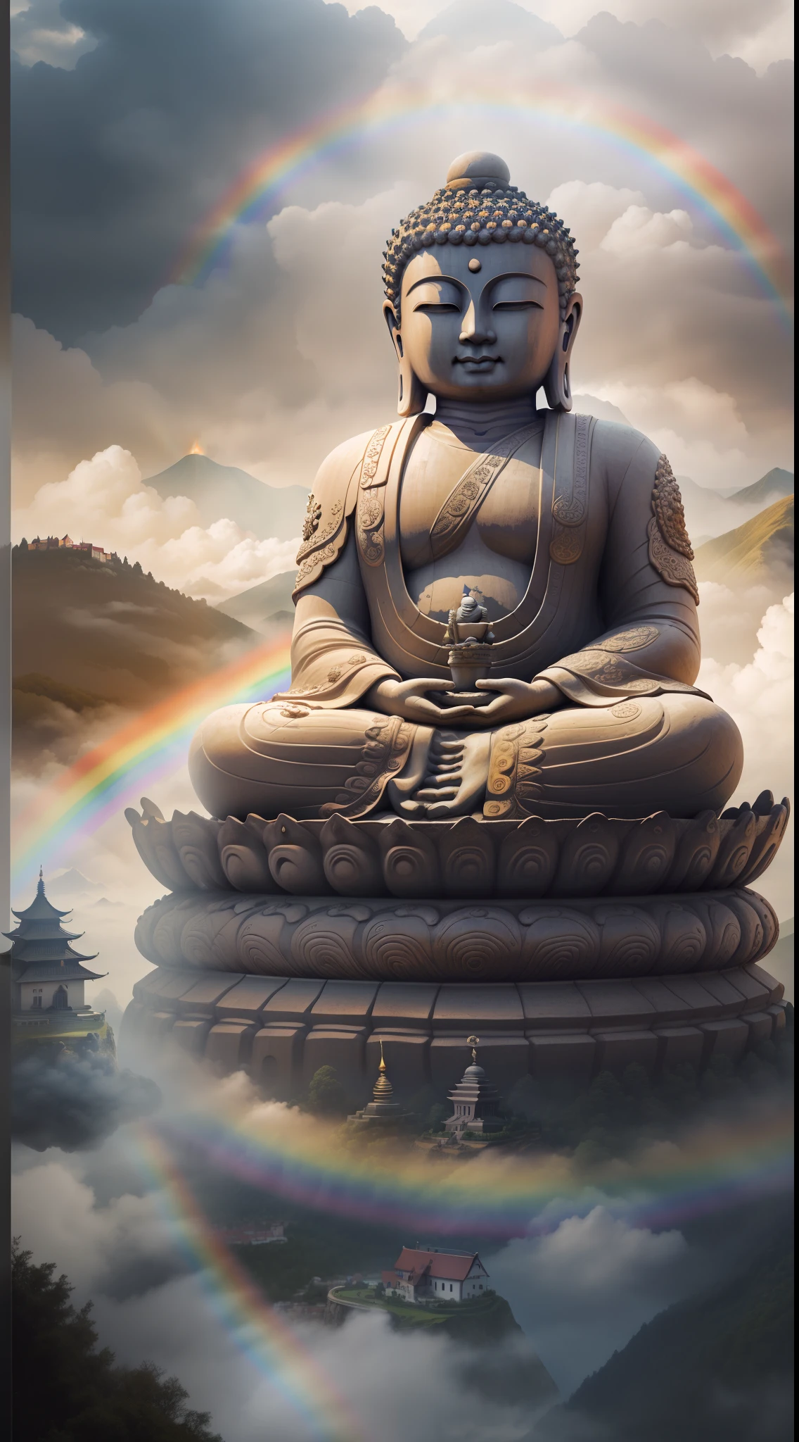 Huge Buddhist Temple、Huge Buddha statue，huge waterfall，，​masterpiece，History of the Earth，in isekai，Masterpiece，超A high resolution，mystical，Buildings tall through the clouds，