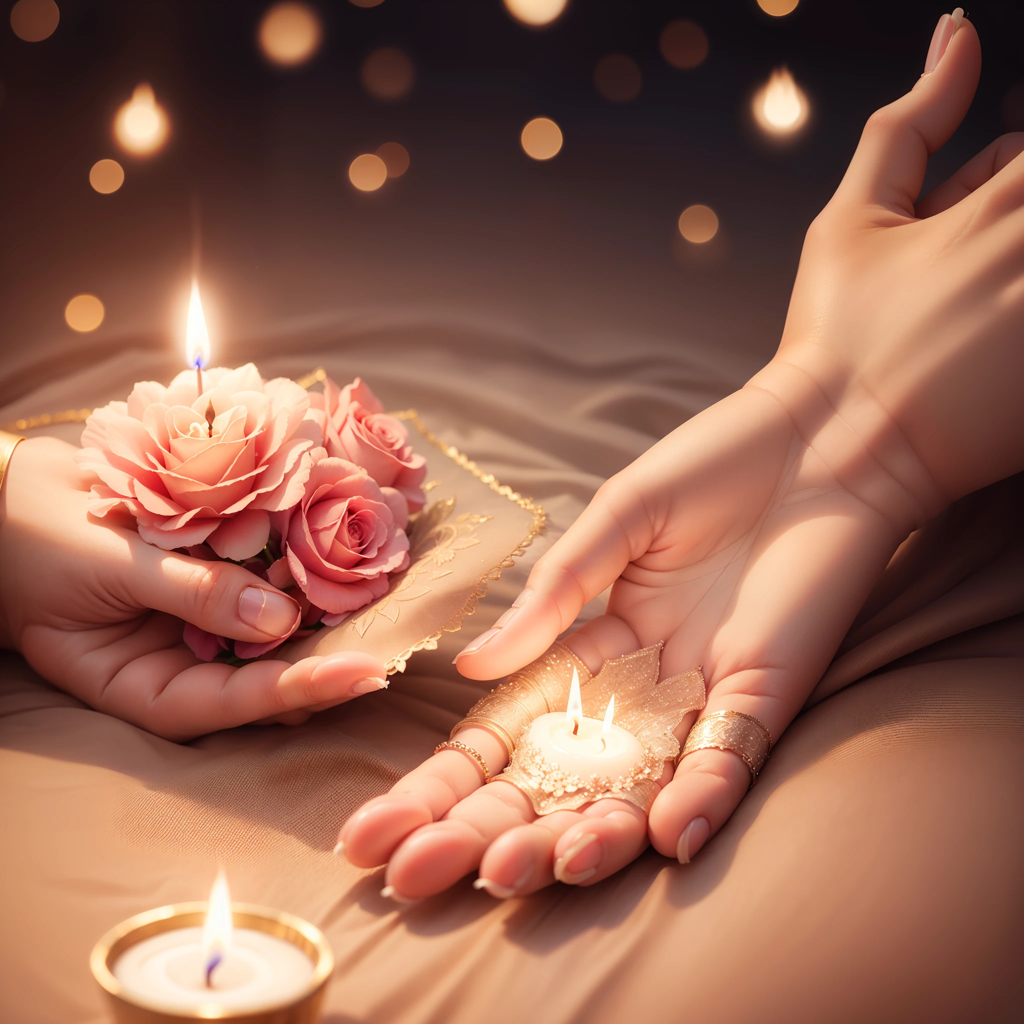 Photo of realistic hand holding flower candle, Vela rosa, vela com glitter, vela com chama iluminada, super realista, Hiper realista, 8k.