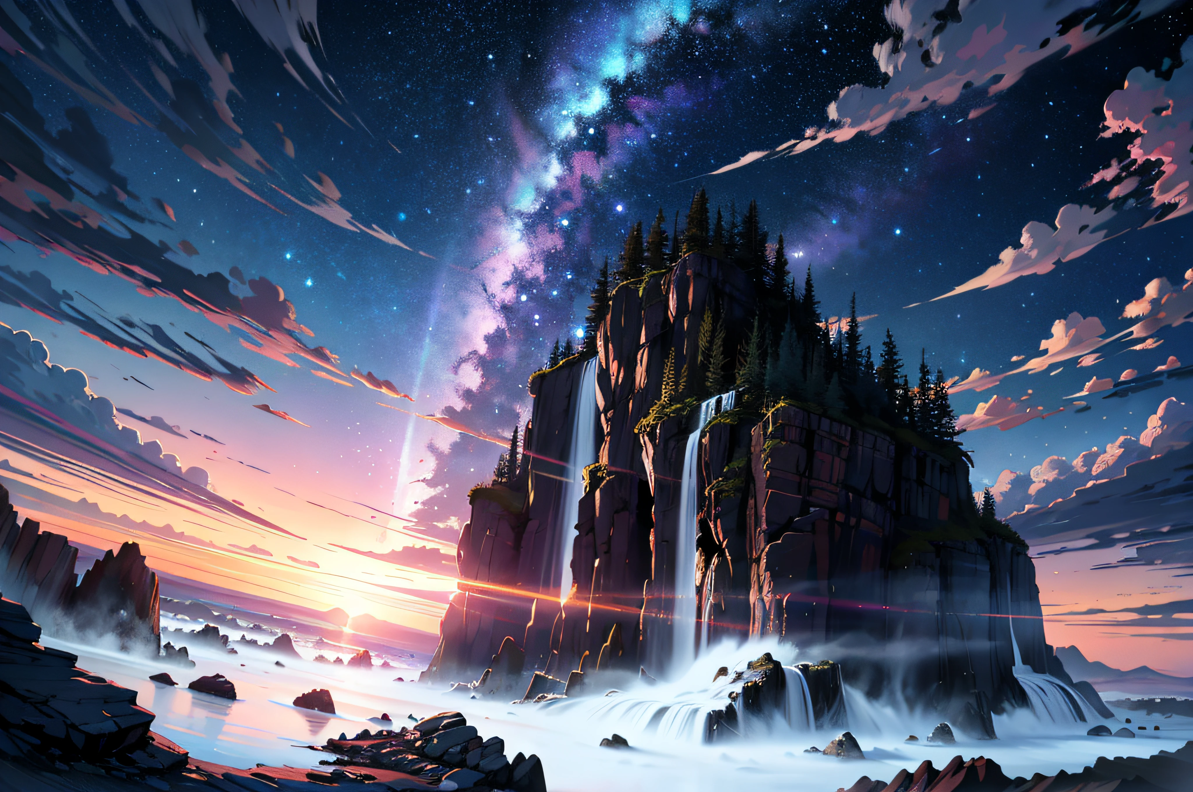 Aurora、milkyway、Vast landscape photos、（View from below with a view of the sky and the wilderness below）、（fullmoon：1.2）、（shooting stars：0.9）、（nebulas：1.3）、mountain in the distance、(Cold light source:1.2)、abajour、Purple and orange、Fantastic、intricate detailes、Volume Lighting、Realism BREAK (​masterpiece:1.2)、(top-quality)、8k、Ultra-Details、(The composition of the movement:1.4)、Very detailed and colorful details、(Iridescent colors:1.2)、(glowing lighting、Atmospheric lighting)、dream-like、Magical、Dynamic Angle, nordic landscape, exalted, Beautiful scene,, Gorgeous, Sparkling snow, night scene, Starry sky, crystal clear skies, Bright prism color, Natural lighting, dynamic compositions, Highly detailed, Sharp and clear images,